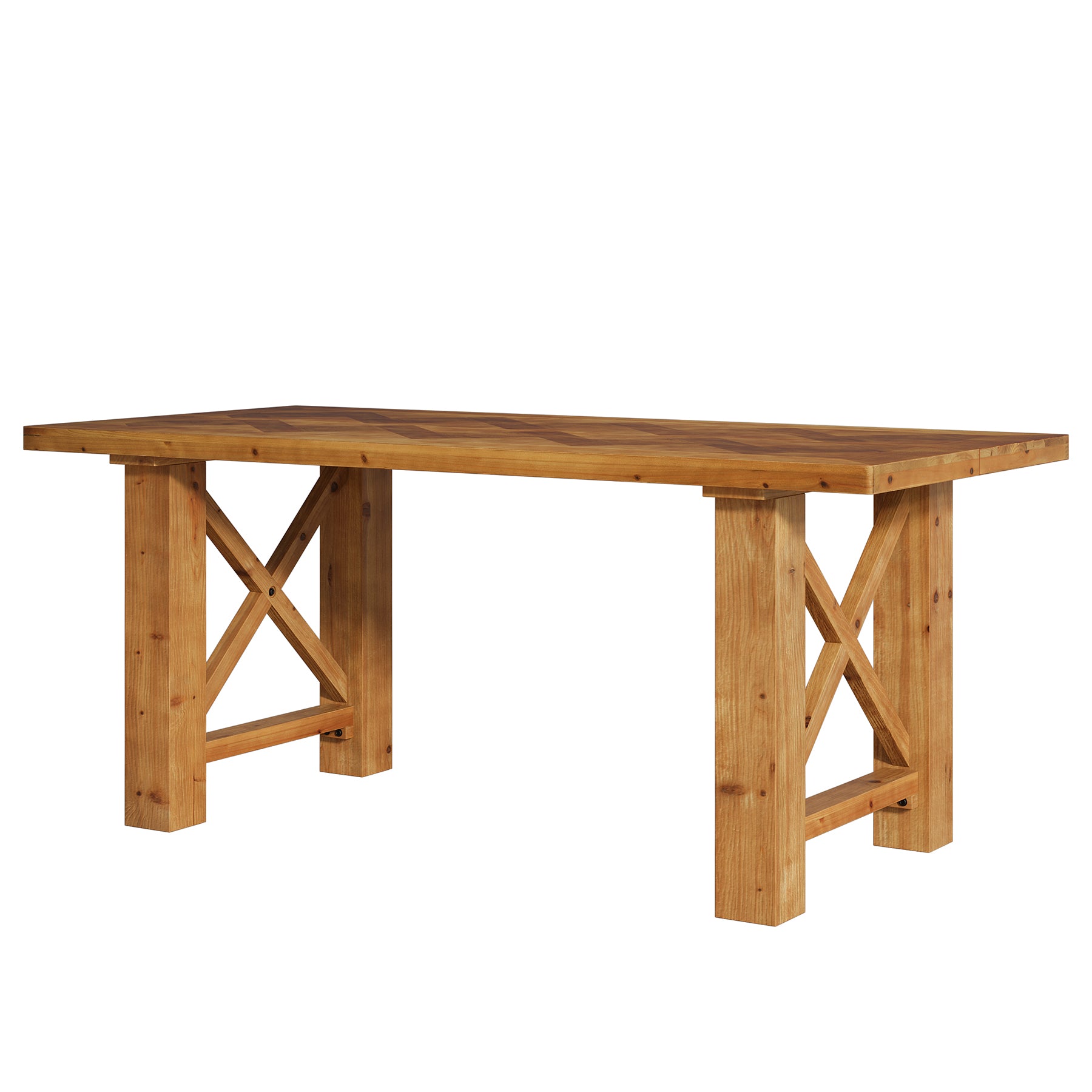 63-Inch Solid Fir Wood Dining Table with Herringbone Top, Farmhouse Table for Dining Room