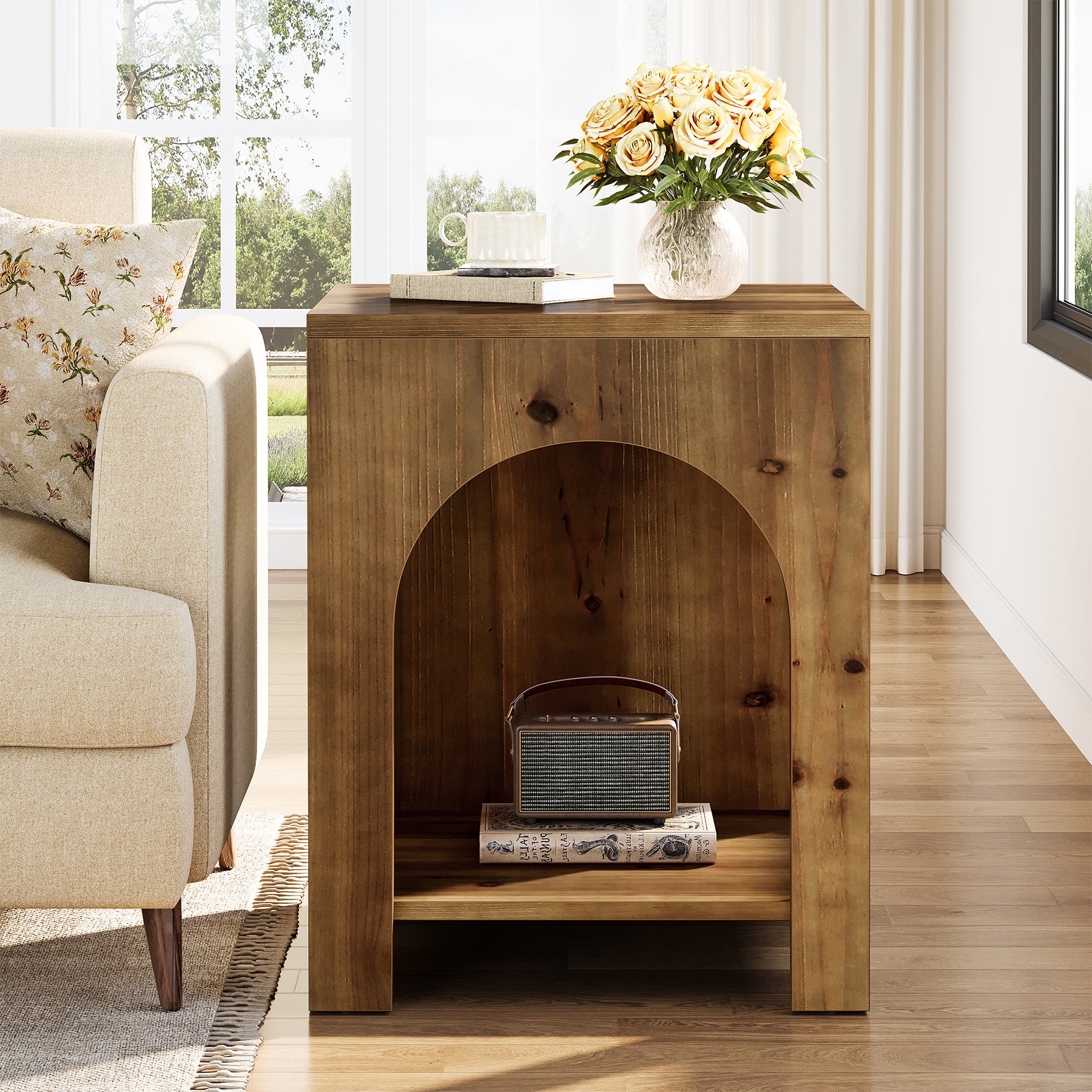 Tribesigns 19.69-Inch Farmhouse Side Table with Arch Design, Wooden End Table for Living Room