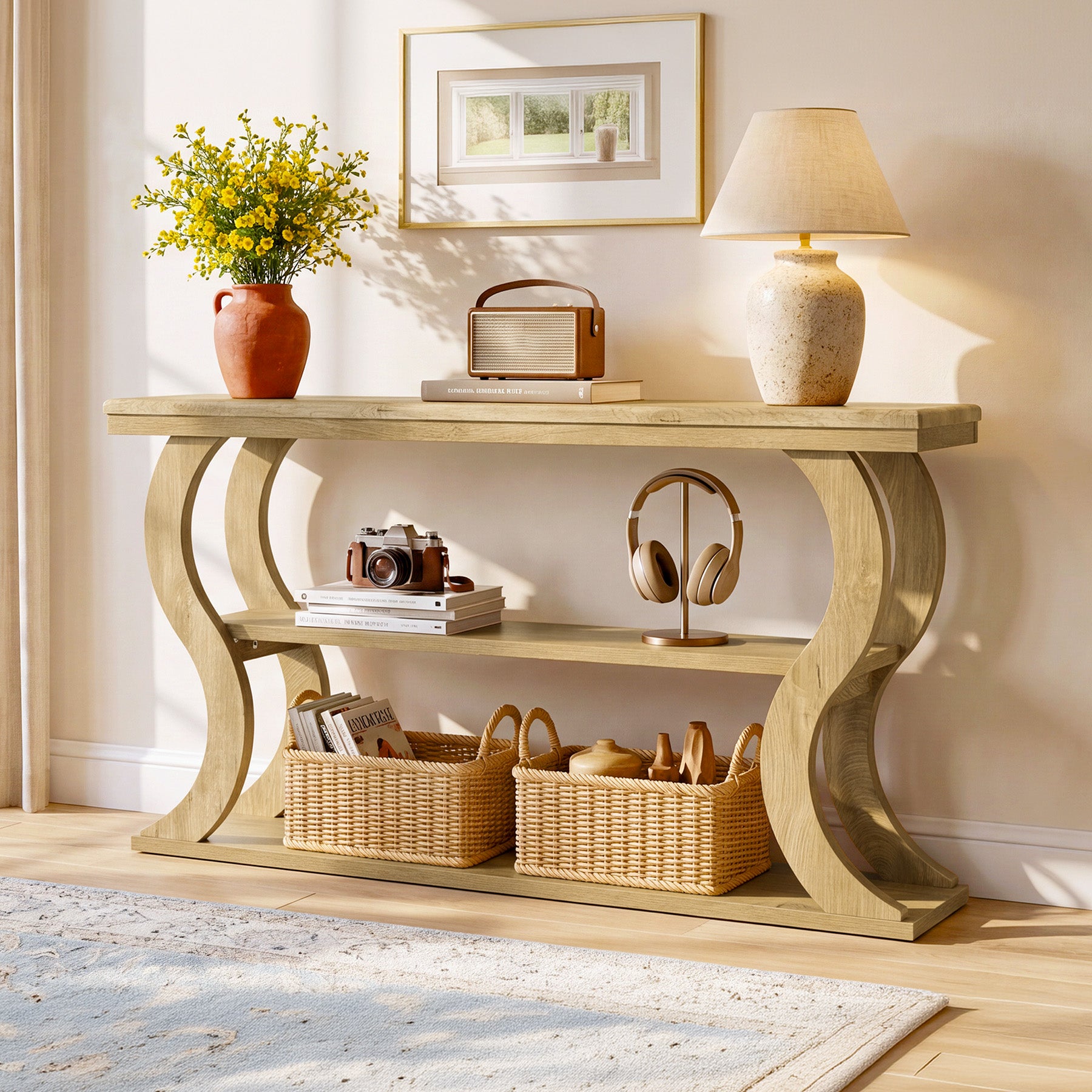 Tribesigns 55 Inch Console Table with 3-Tier Storage, Farmhouse Hallway Table with Wave Legs