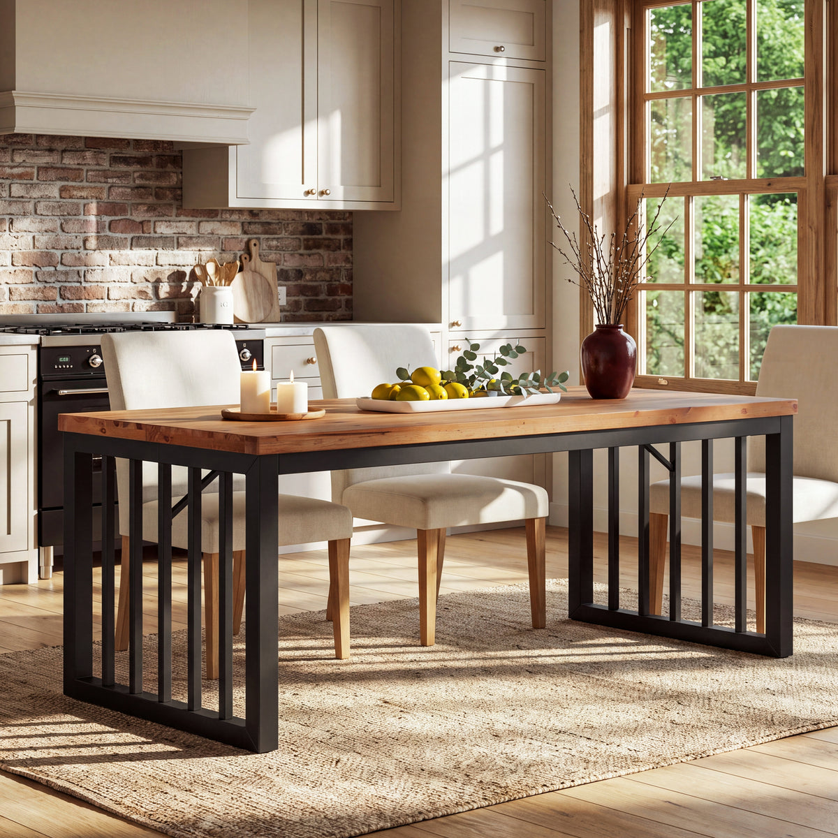 63 Inch Solid Wood Dining Table for 4-6, Farmhouse Kitchen Table with Reinforced Metal Frame