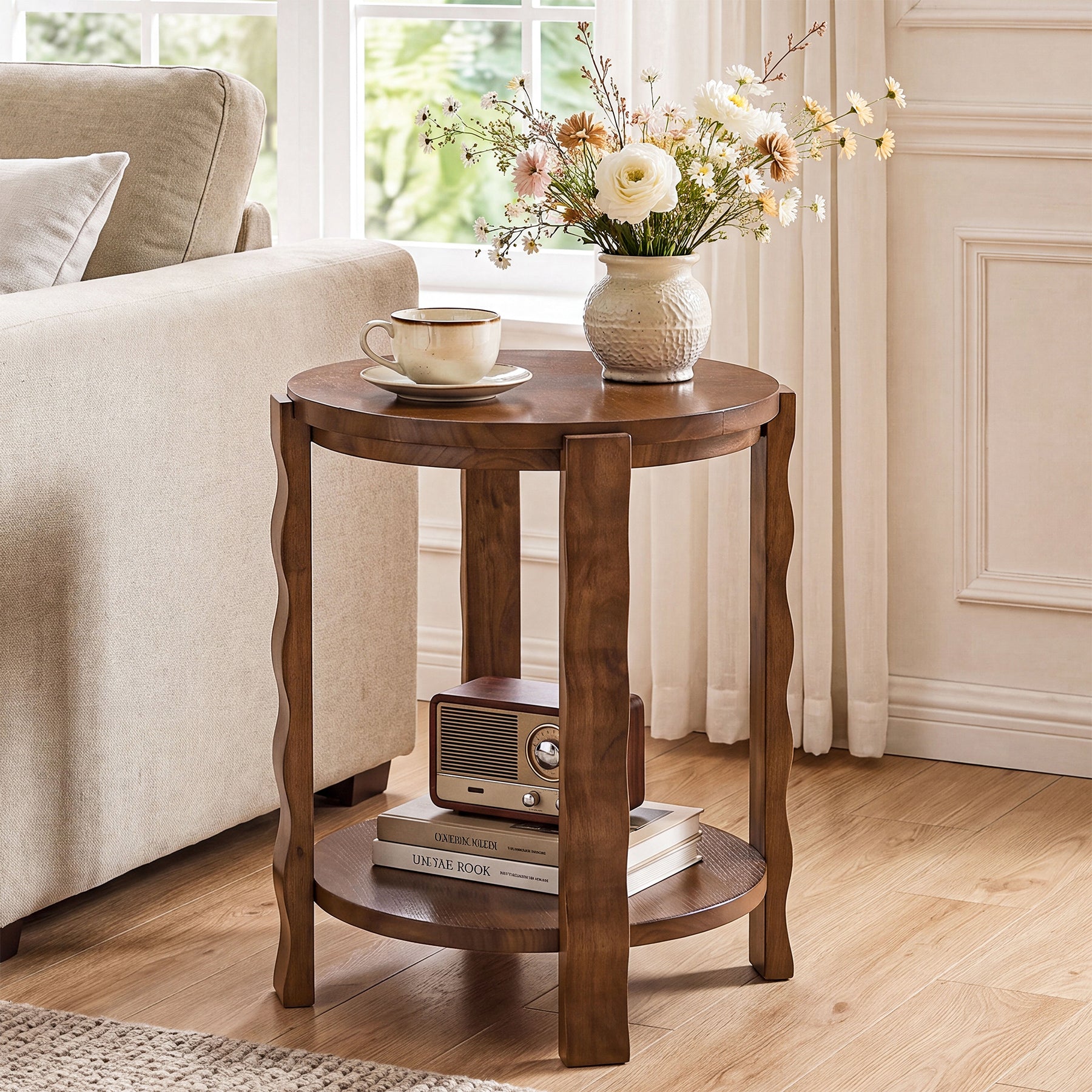 Tribesigns 19.69-Inch Round Side Table with 2-Tier Storage, Solid Wood End Table for Living Room