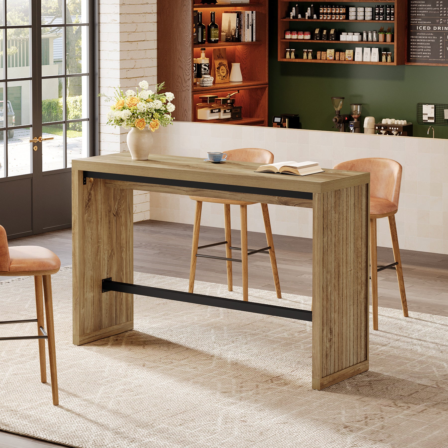 Tribesigns 55-Inch Counter Height Bar Table with Metal Footrest and Fluted Design, Rectangular High Top Pub Table for Home Bar Kitchen and Bistro