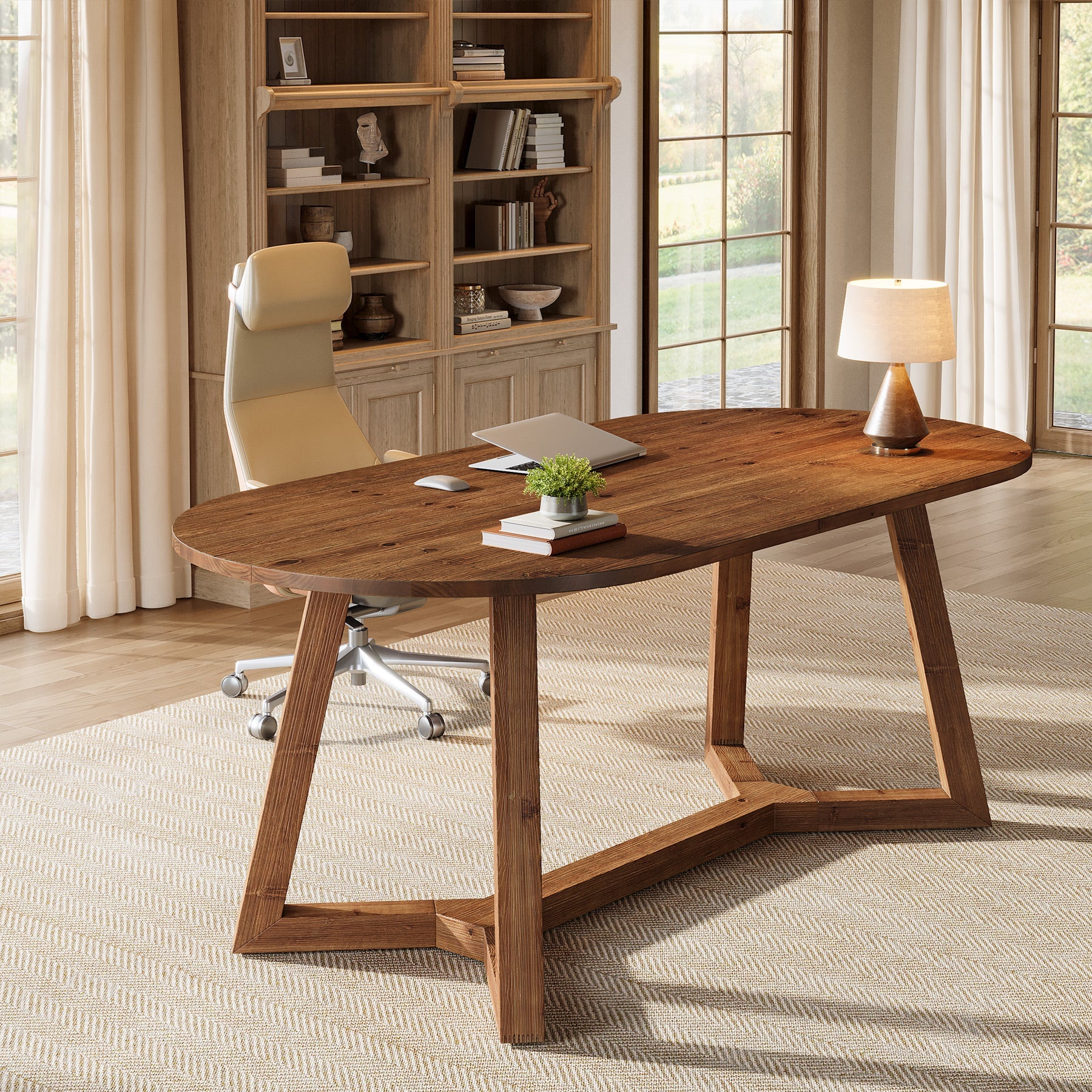 63" Solid Wood Office Desk, Oval Executive Desk with Tapered Legs