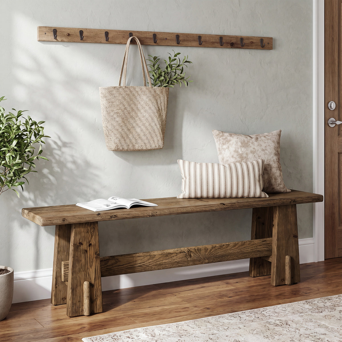 Tribesigns 59 Inch Solid Wood Bench with Rustic Farmhouse Design, Long Entryway Bench