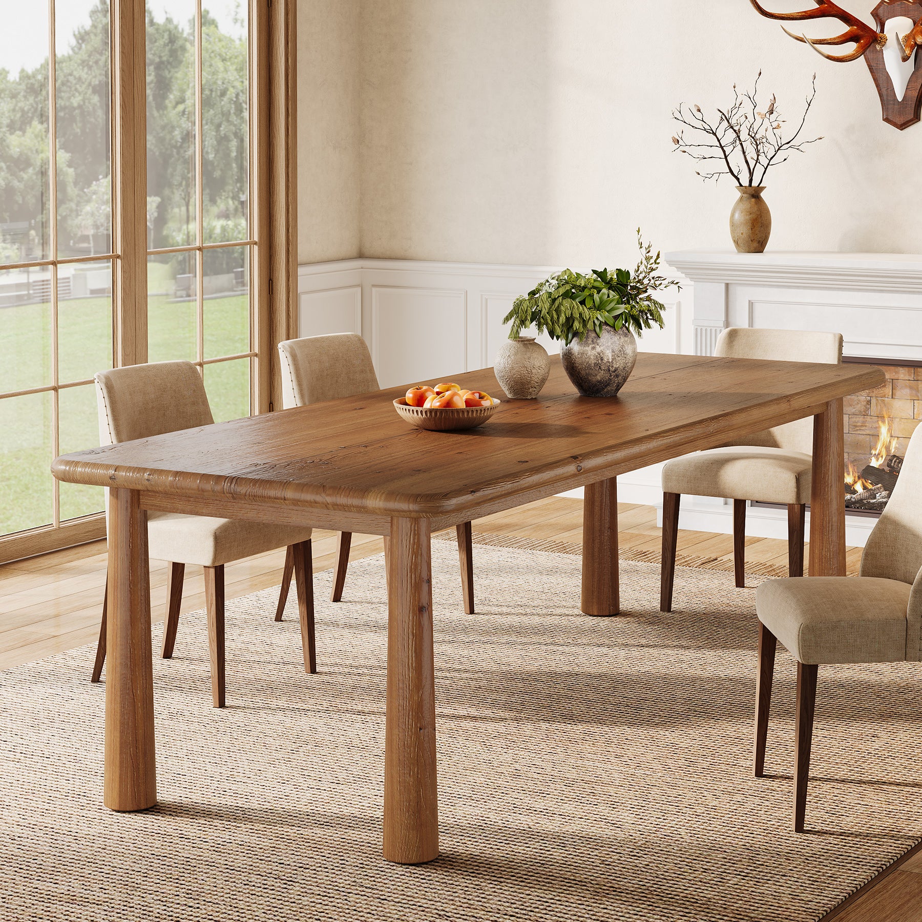 63-Inch Solid Wood Dining Table for 4 to 6 People, Farmhouse Rectangular Kitchen Table with 400 lb Capacity for Dining Room and Kitchen
