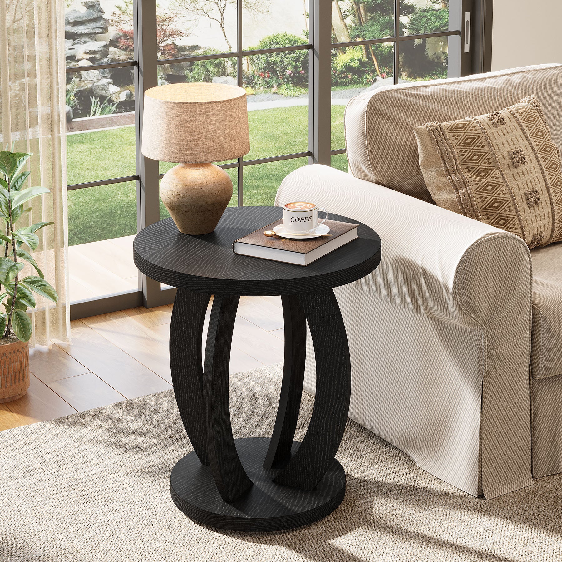 24" Round Farmhouse Nightstand - Bedside Table with Storage, Wood Base, Brown