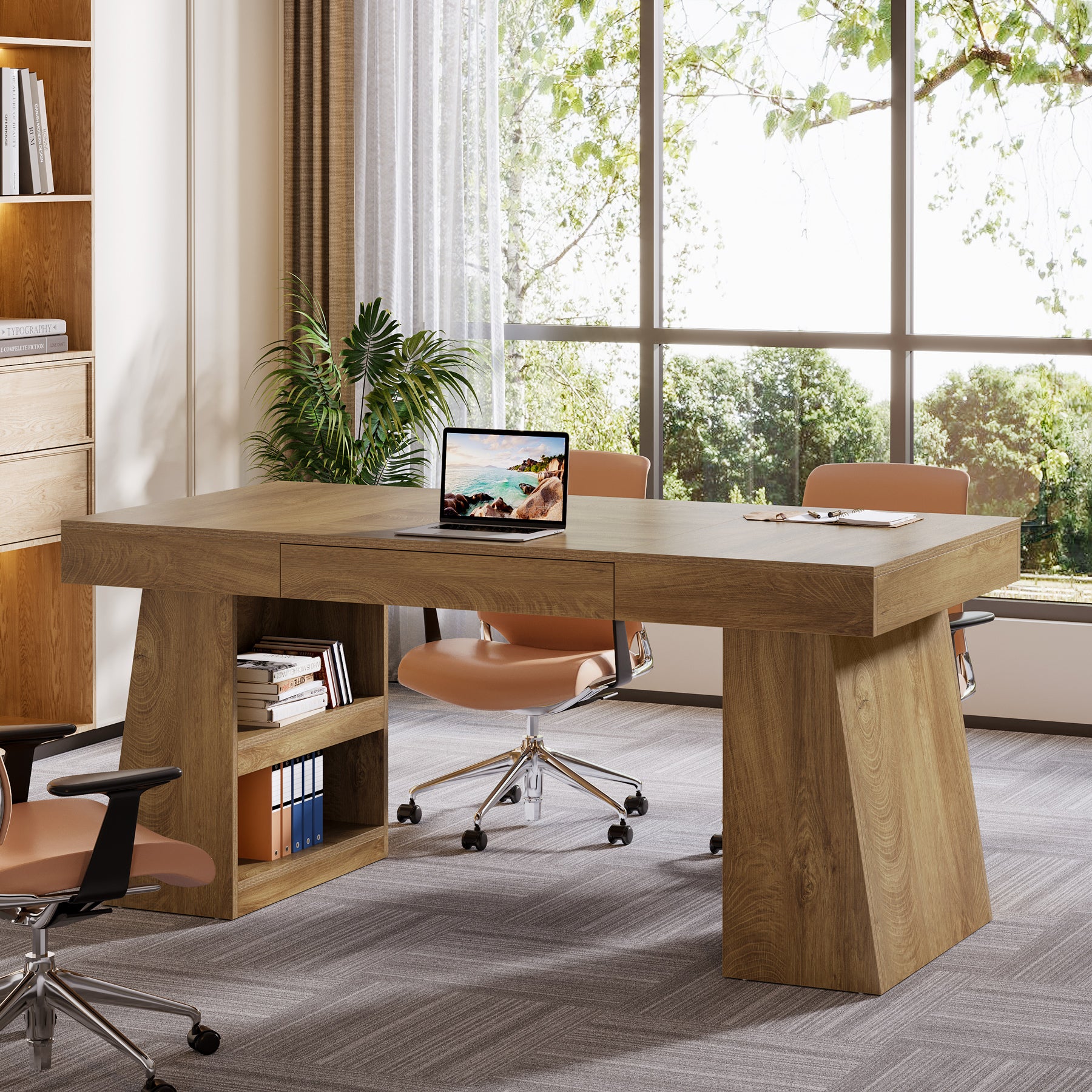 55 Inch Conference Table for 4-6 People, Farmhouse Rectangle Meeting Table with Storage Drawer and Shelves for Office Conference Room