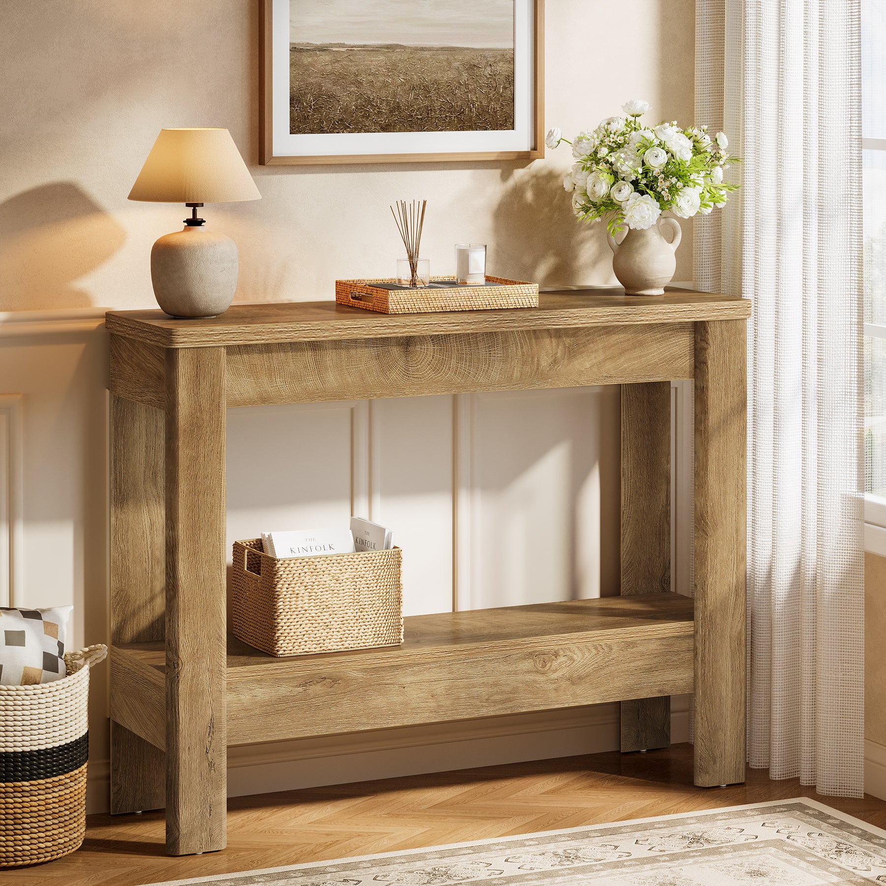 41.34-Inch Farmhouse Console Table with Storage Shelf, Narrow Sofa Table for Entryway
