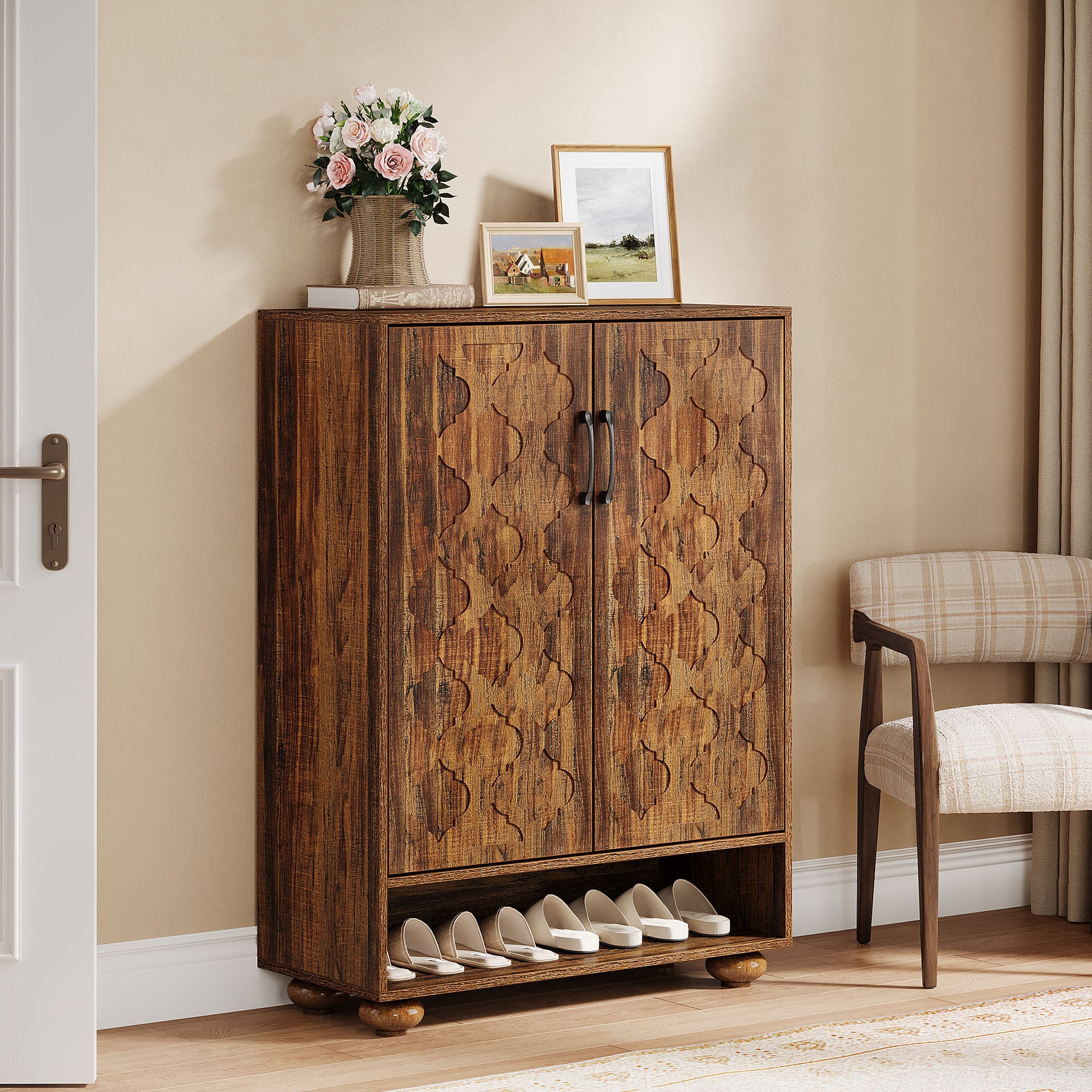 Tribesigns 31.5-Inch Solid Wood Shoe Cabinet for Entryway, Farmhouse Tall Shoe Storage Cabinet with Doors and Adjustable Shelves for Hallway