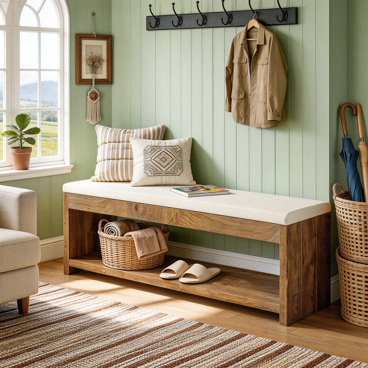 Tribesigns 55.1" Entryway Bench with Cushion and Shoe Storage, Upholstered Shoe Bench for Hallway
