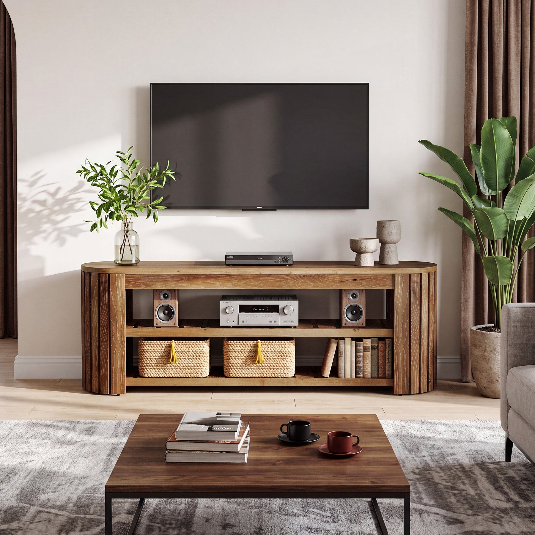 63 Inch Solid Fir Wood TV Stand with Rounded Top, Farmhouse Media Console with Shelves