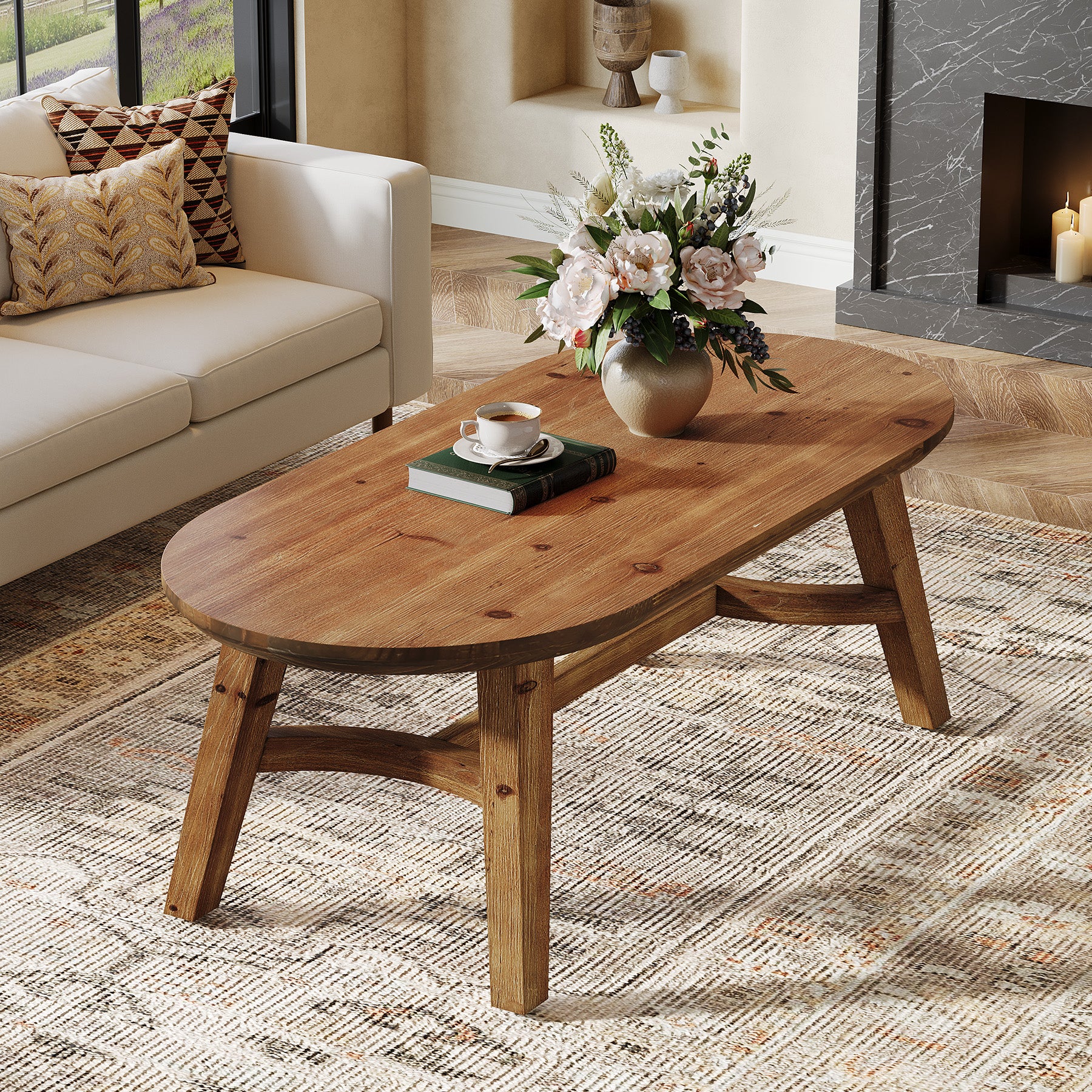 Tribesigns 47.2-Inch Oval Coffee Table, Solid Wood Living Room Table with Rustic Pine Finish for Modern Center Accent