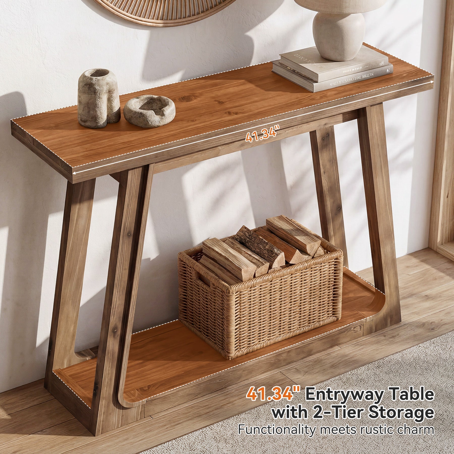 41.34-Inch Solid Wood Console Table with 2-Tier Storage Shelf, Narrow Entryway Sofa Table for Hallway and Behind Couch