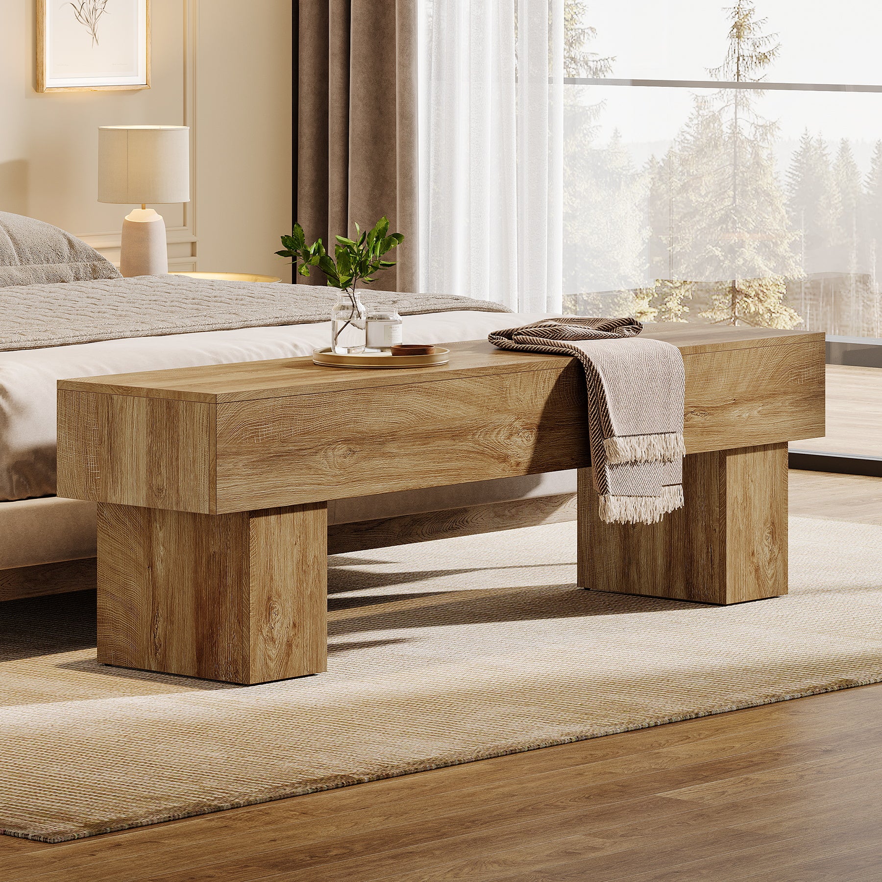 Tribesigns 62.99-Inch End of Bed Bench, Extra Long Farmhouse Wooden Bench with Shoe Storage for Bedroom