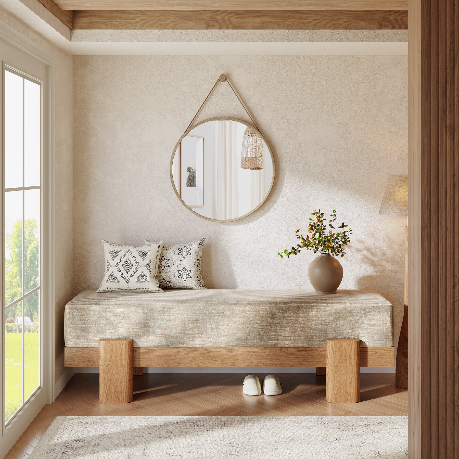 55-Inch Upholstered Entryway Bench, Modern Shoe Bench with Thick Cushion