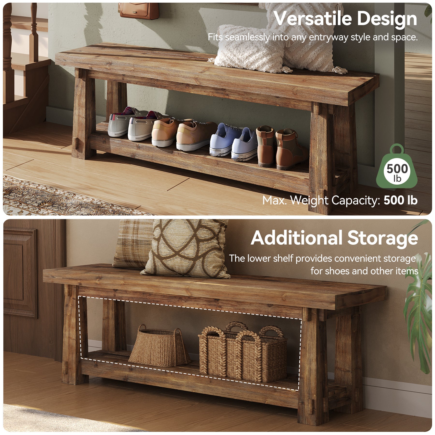 Tribesigns 55-Inch Shoe Storage Bench, Solid Wood Entryway Bench for Hallway