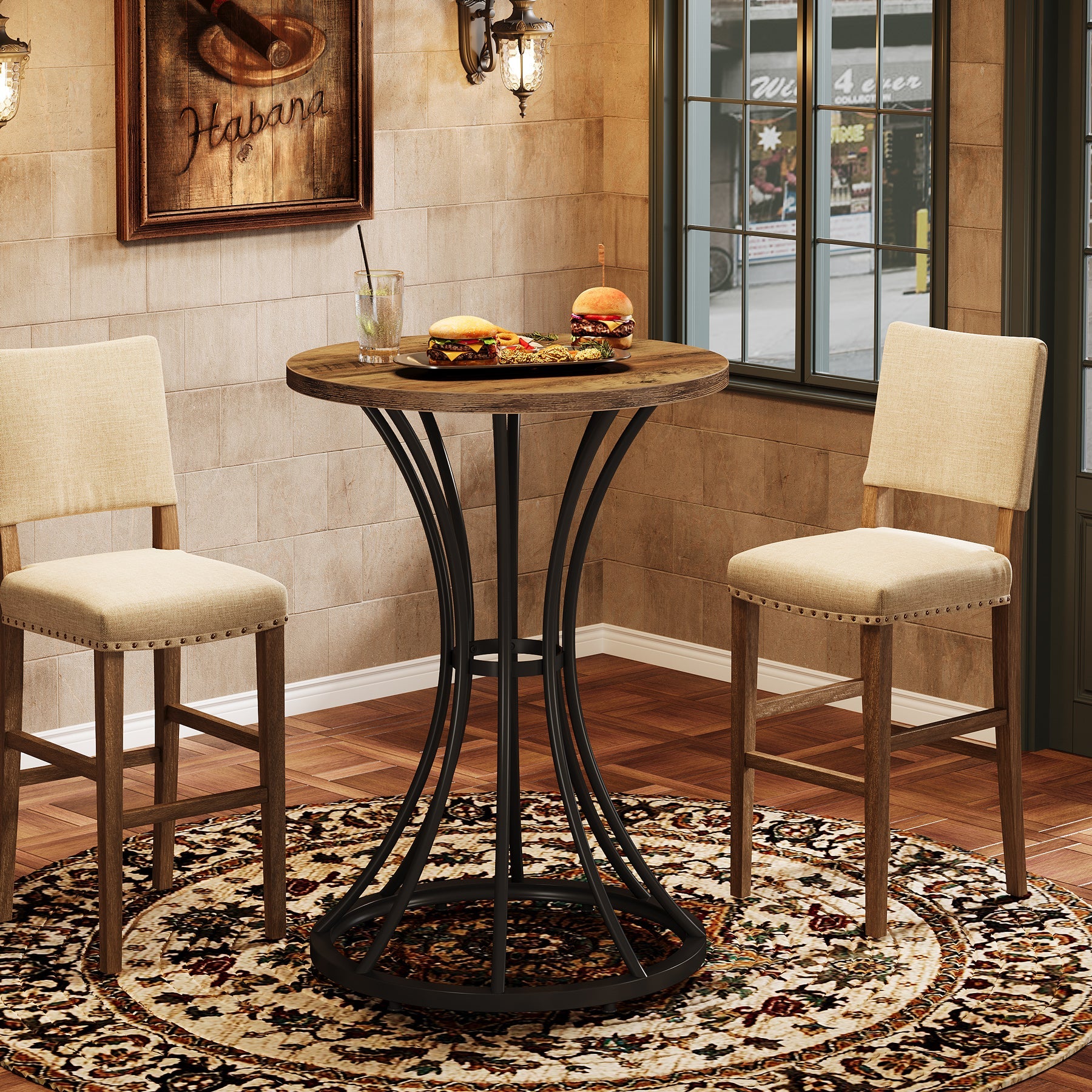 37.4" Round Bar Table for Two, Cocktail Table with Curved Metal Base in Black