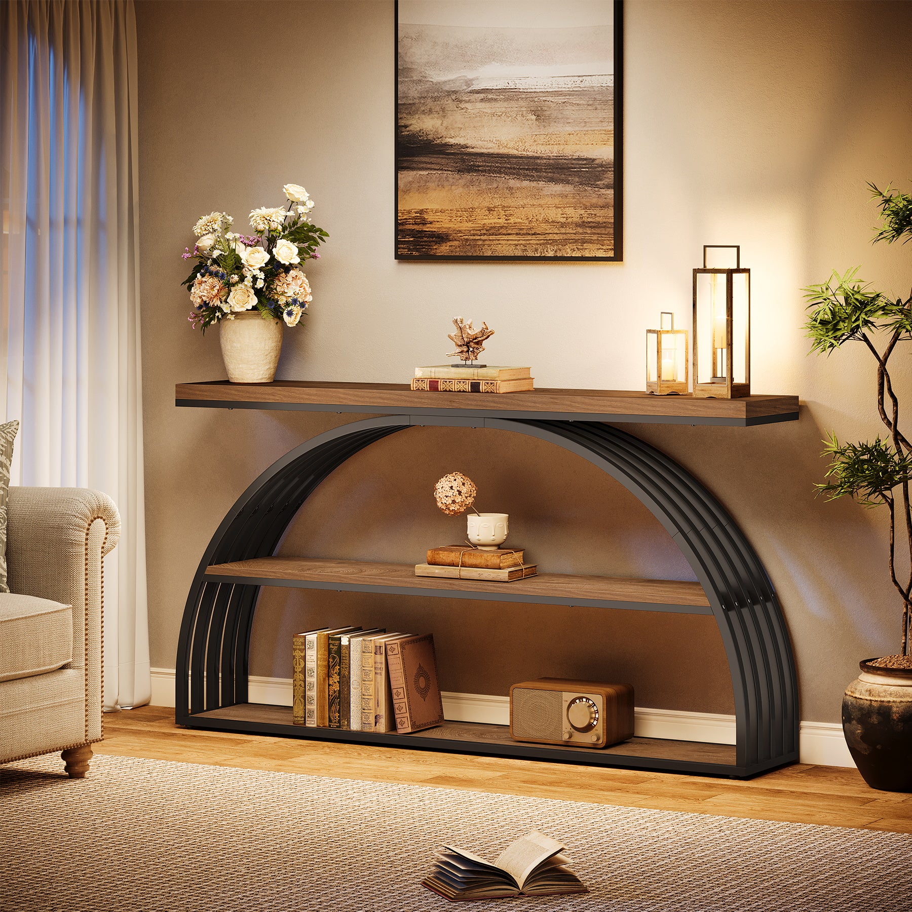 Tribesigns 63-Inch Console Table with 3-Tier Storage Shelves, Arched Frame Sofa Table for Living Room