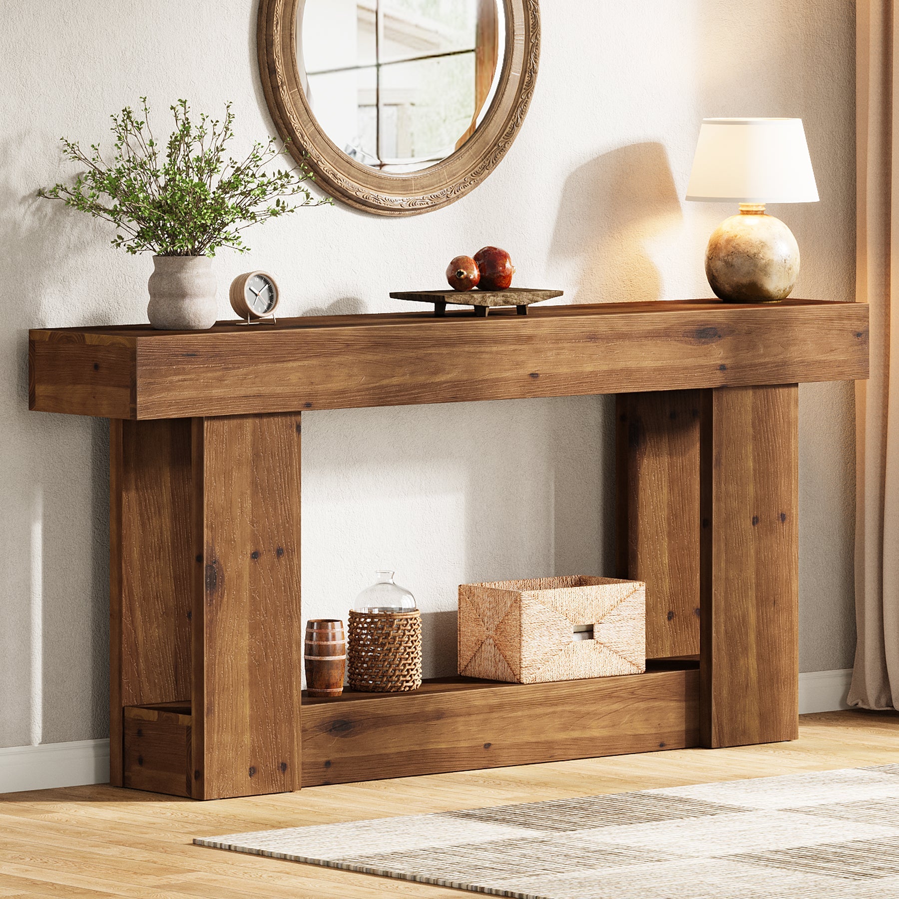 63-Inch Farmhouse U-Base Console Table, 2-Tier Narrow Sofa Table in Rustic Brown