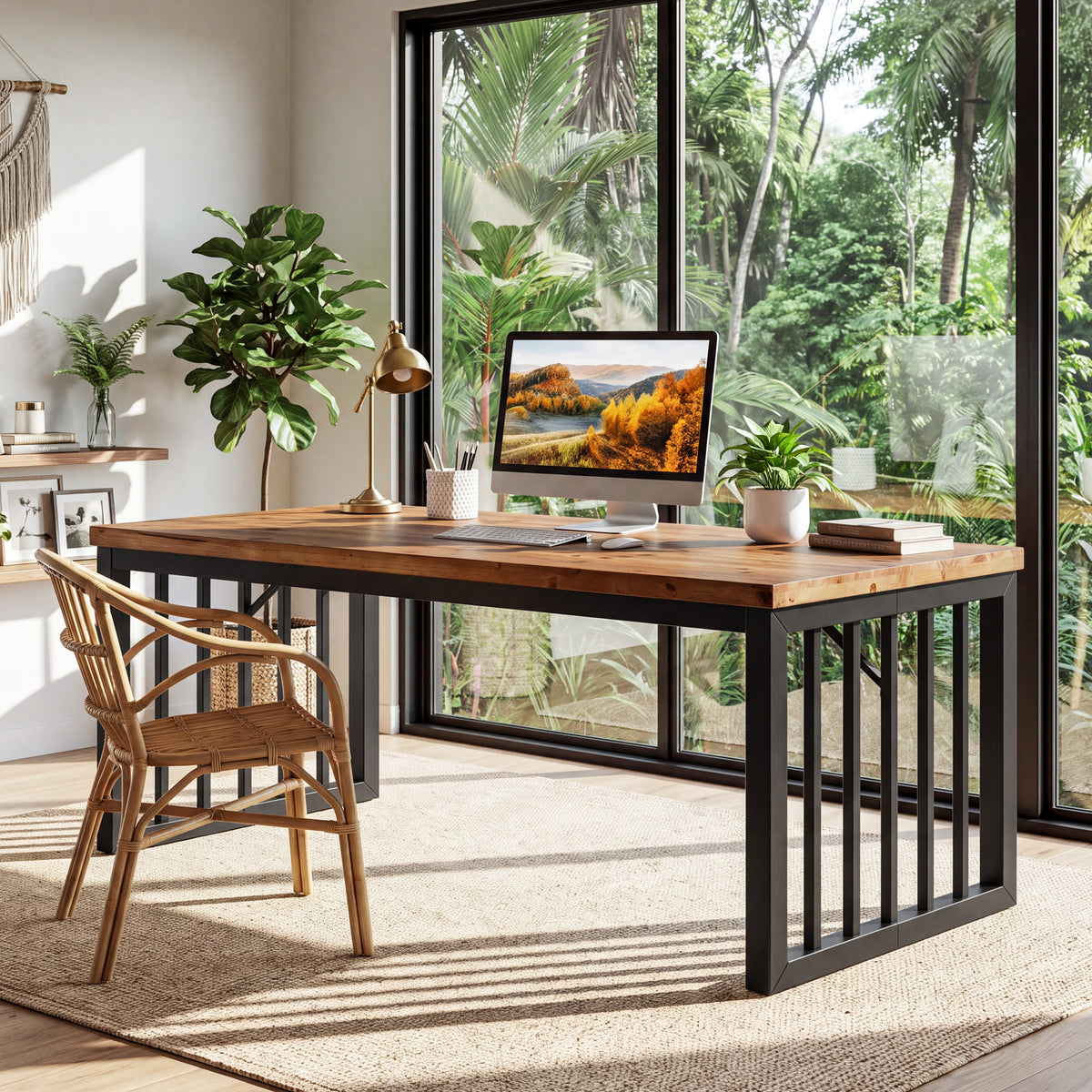 Tribesigns 63 Inch Solid Wood Executive Desk with Metal Frame, Farmhouse Home Office Computer Desk