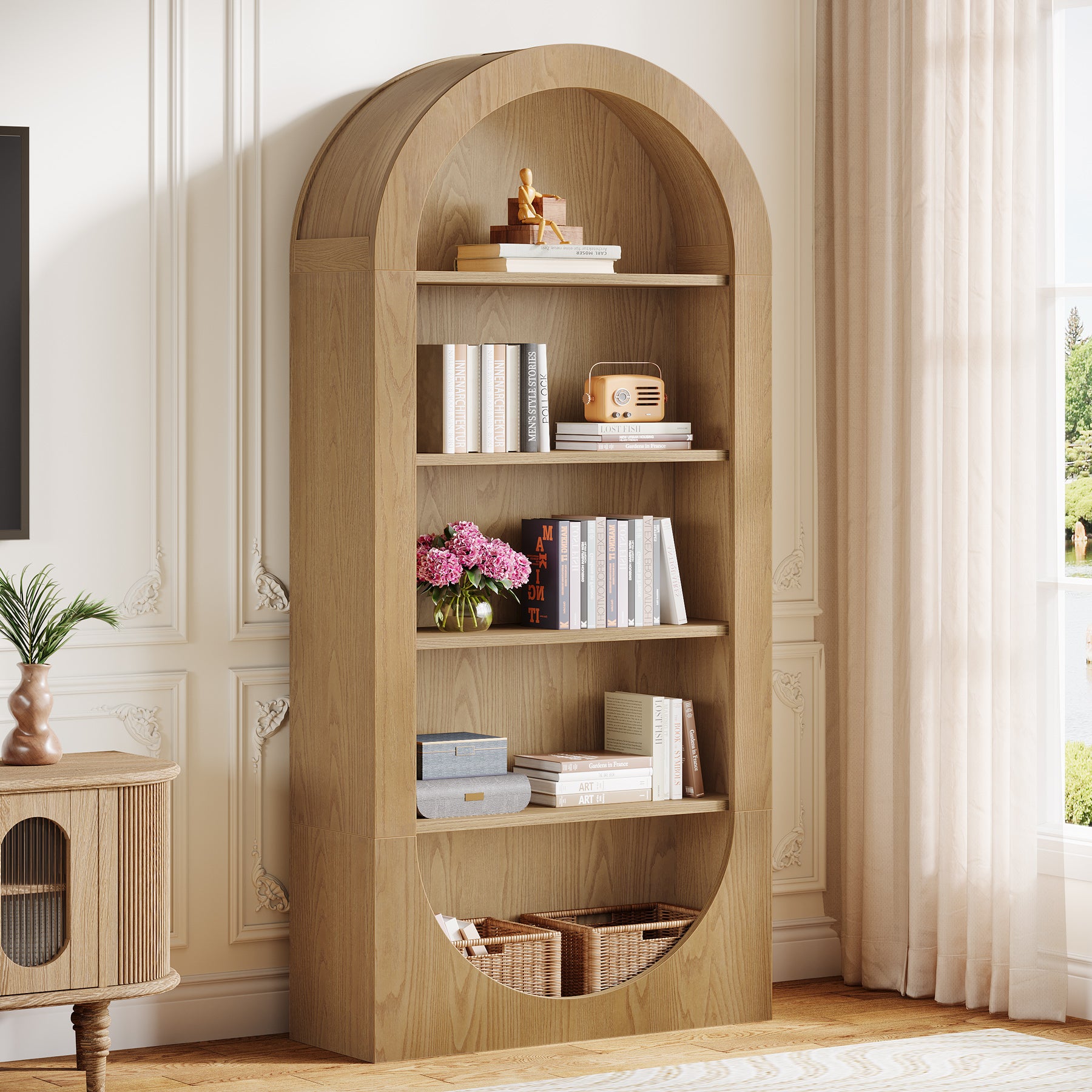 71 Inch Tall Bookshelf with 5 Tier Shelves, Arched Bookcase for Living Room Home Office