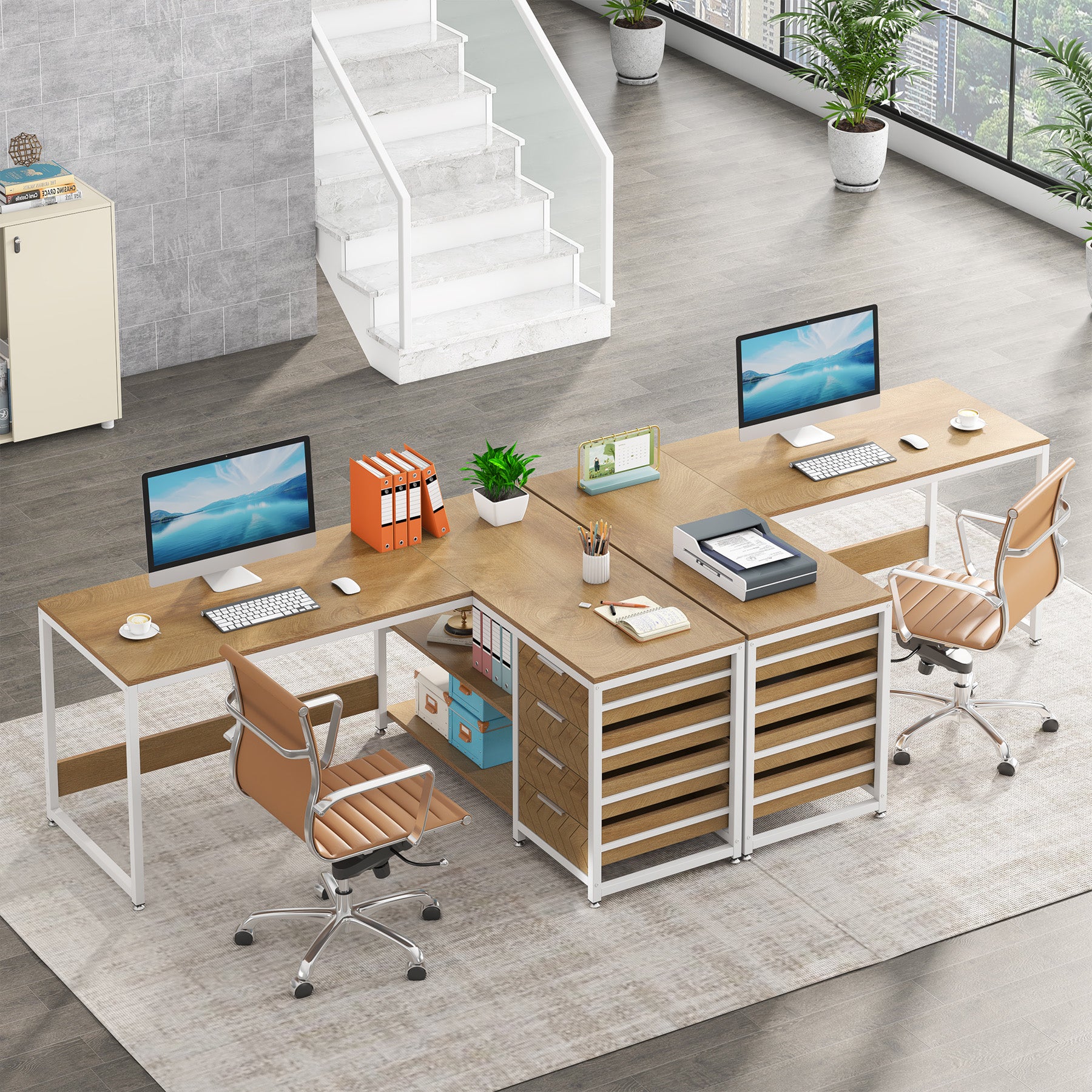 59" L-Shaped Desk, Reversible Corner Computer Desk with Drawers and Shelves