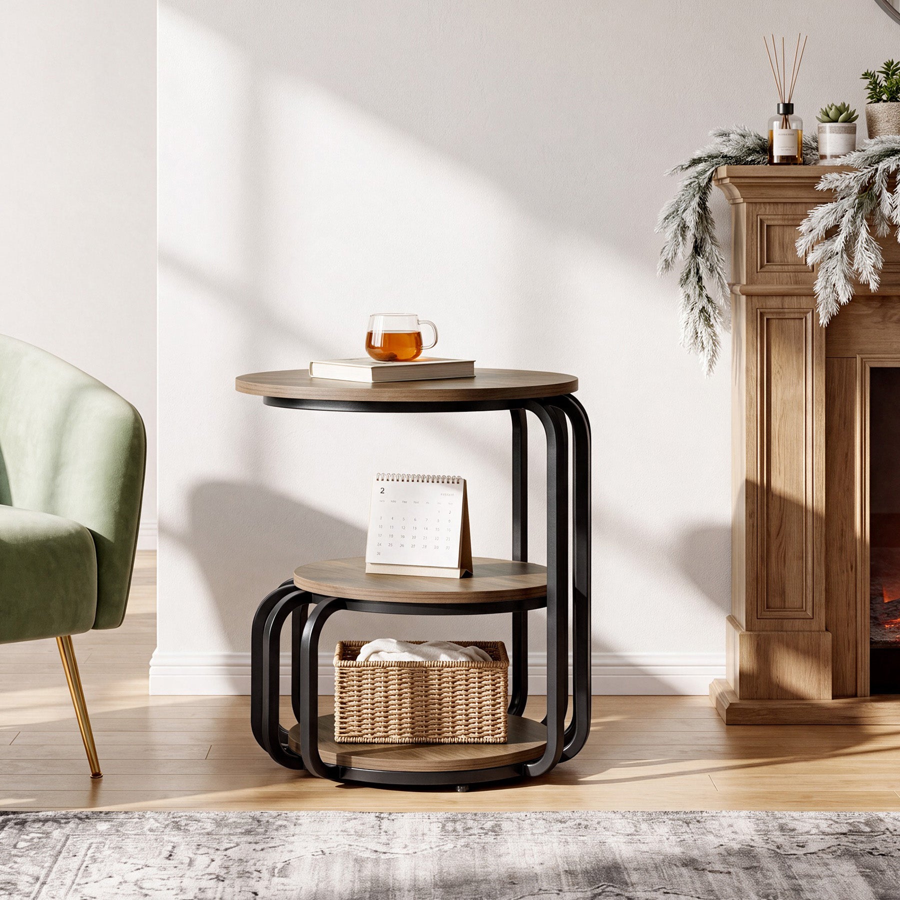 19.69 Inch Round End Table, 3 Tier Industrial Side Table with Storage for Living Room