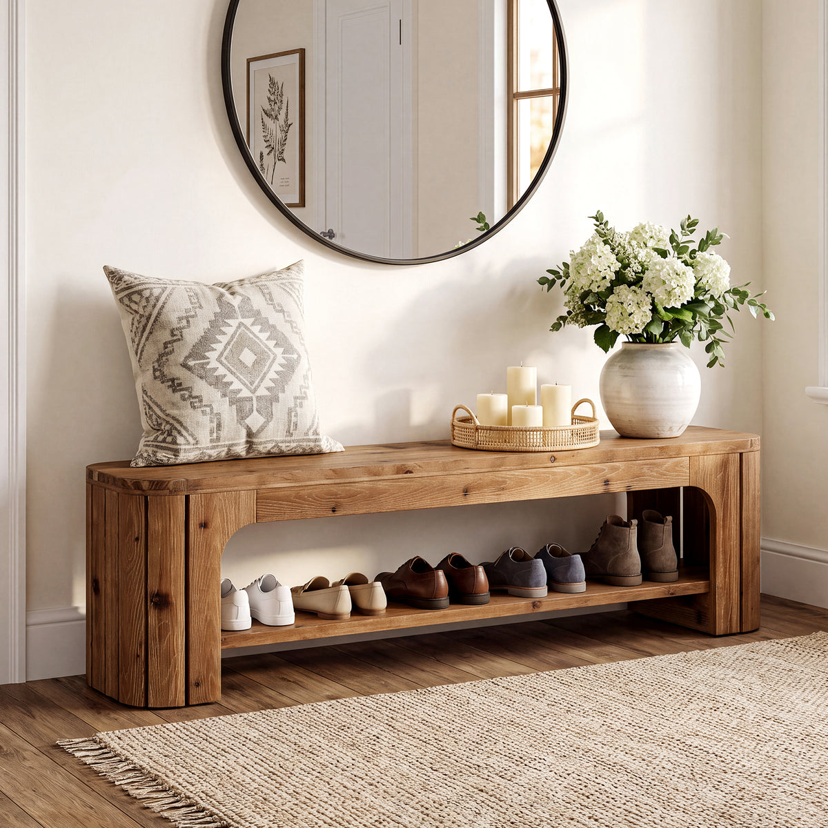 Tribesigns 62.99-Inch Solid Wood Shoe Storage Bench, 2-Tier Entryway Bench for Hallway and Bedroom