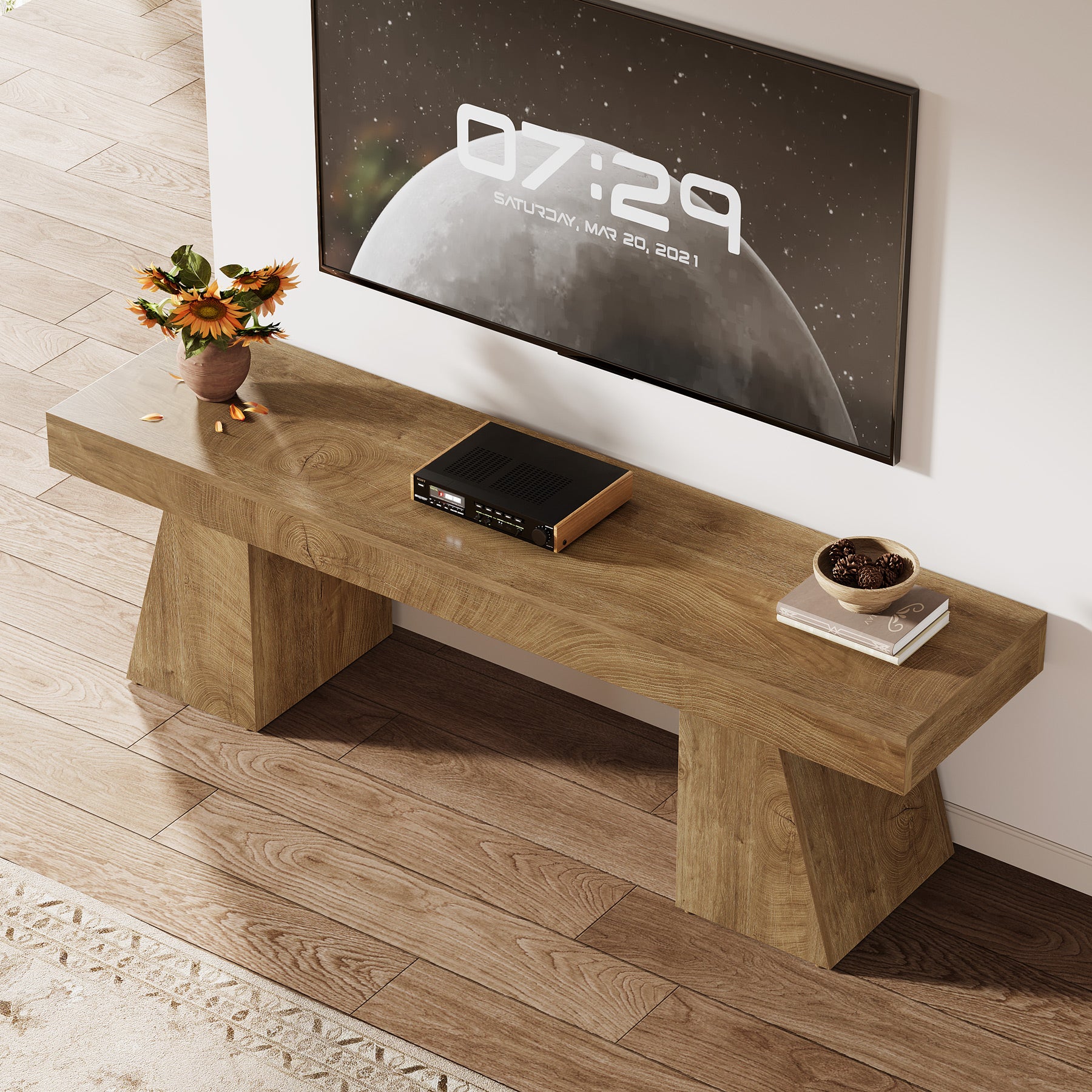 Tribesigns 63-Inch Farmhouse TV Stand for 55-75 Inch TVs with Double Geometric Pedestal, Media Console for Living Room and Bedroom
