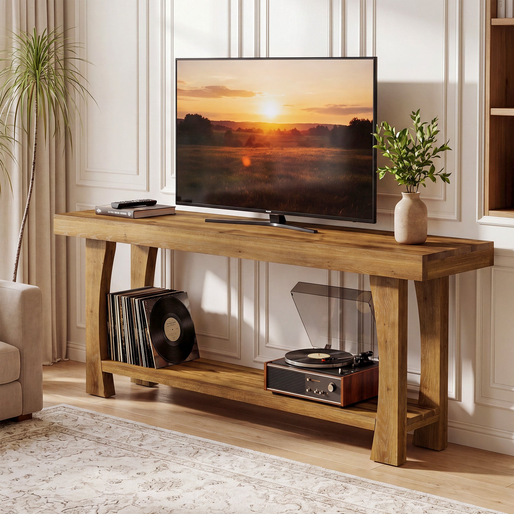 Tribesigns Solid Wood TV Stand for TVs up to 70 Inch, Farmhouse Media Console with Slatted Shelf