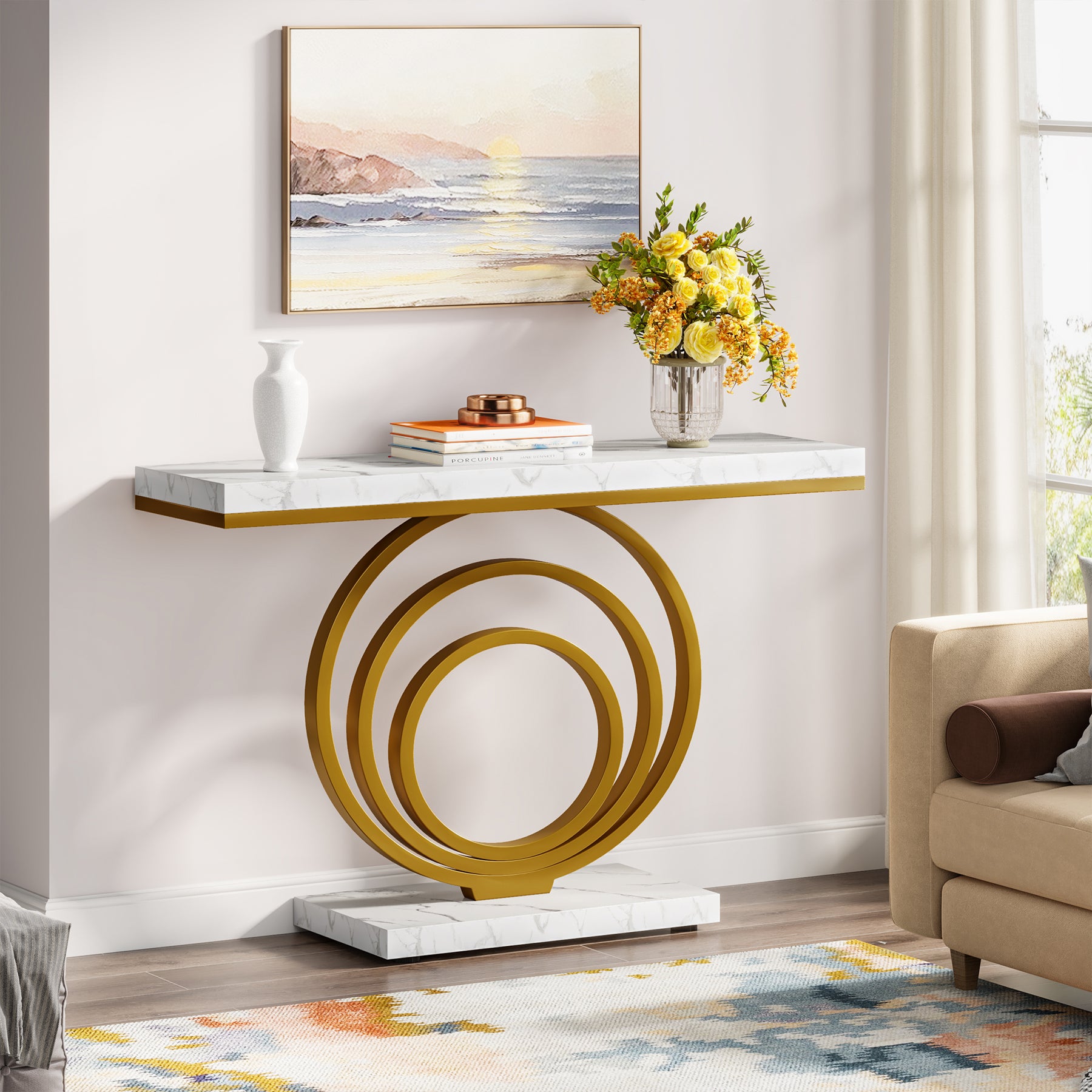 Tribesigns 41.3-Inch Gold Console Table, Narrow Entryway Table with Faux Marble Veneer Top and Geometric Metal Frame for Hallway