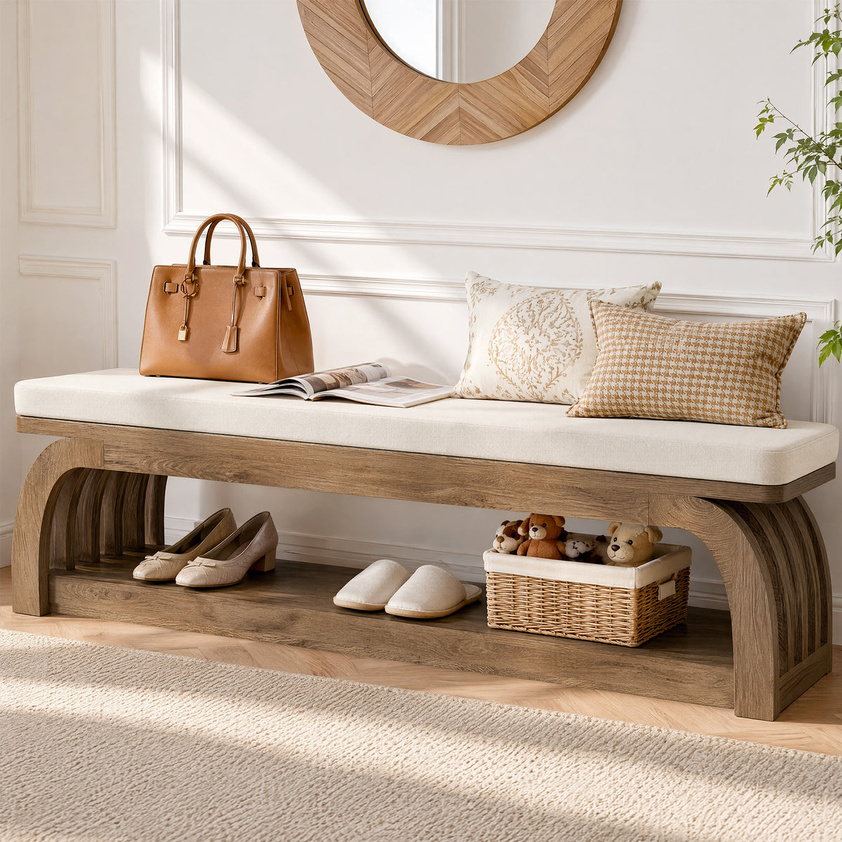 Tribesigns 55.1 Inch Upholstered Entryway Bench with 2-Tier Shoe Storage, Farmhouse Hallway Bench