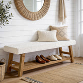 55-Inch Upholstered Entryway Bench with 2-Tier Shoe Storage Shelf, Solid Wood Frame Shoe Bench for Hallway 3