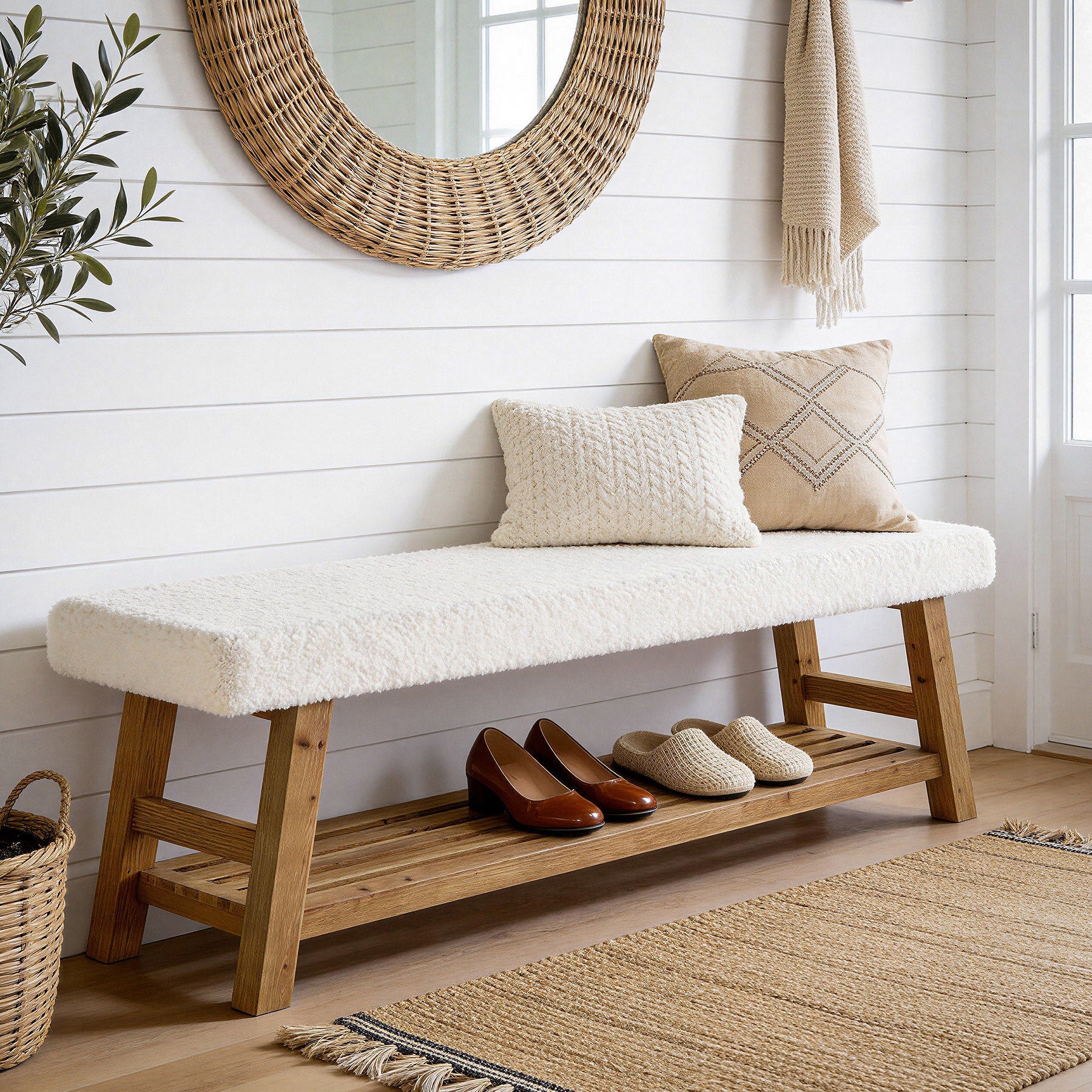 55-Inch Upholstered Entryway Bench with 2-Tier Shoe Storage Shelf, Solid Wood Frame Shoe Bench for Hallway