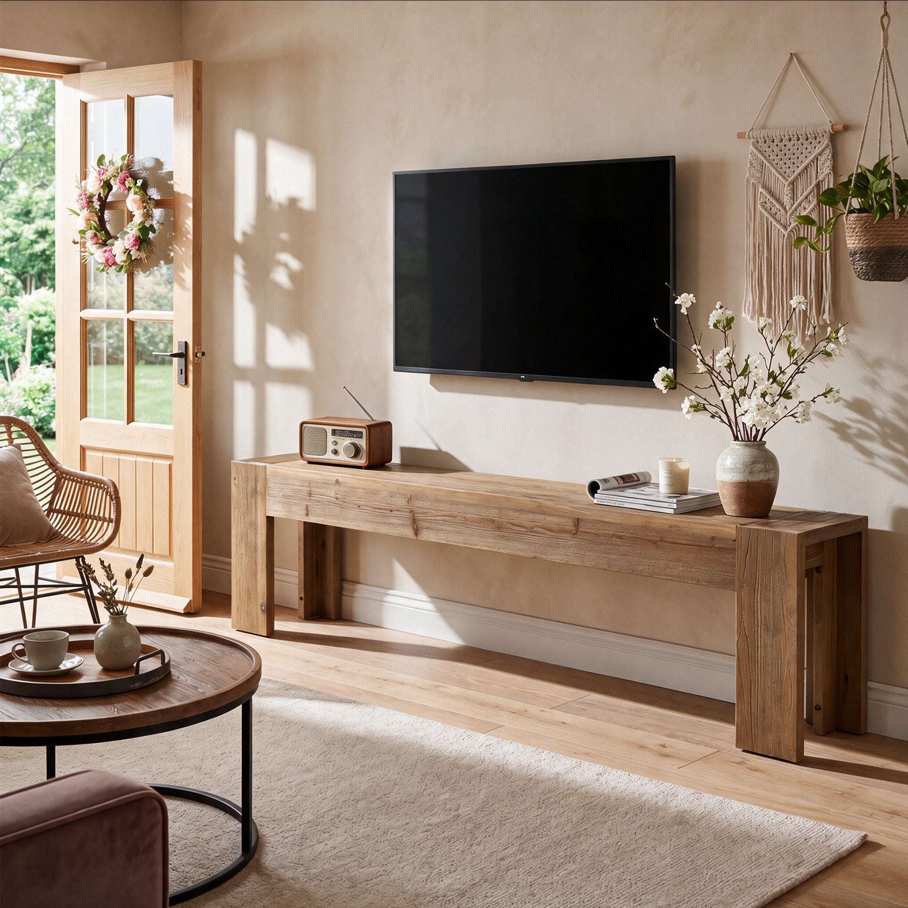 Tribesigns 70.87-Inch Solid Wood TV Stand, Extra Long Farmhouse Entertainment Center for Living Room
