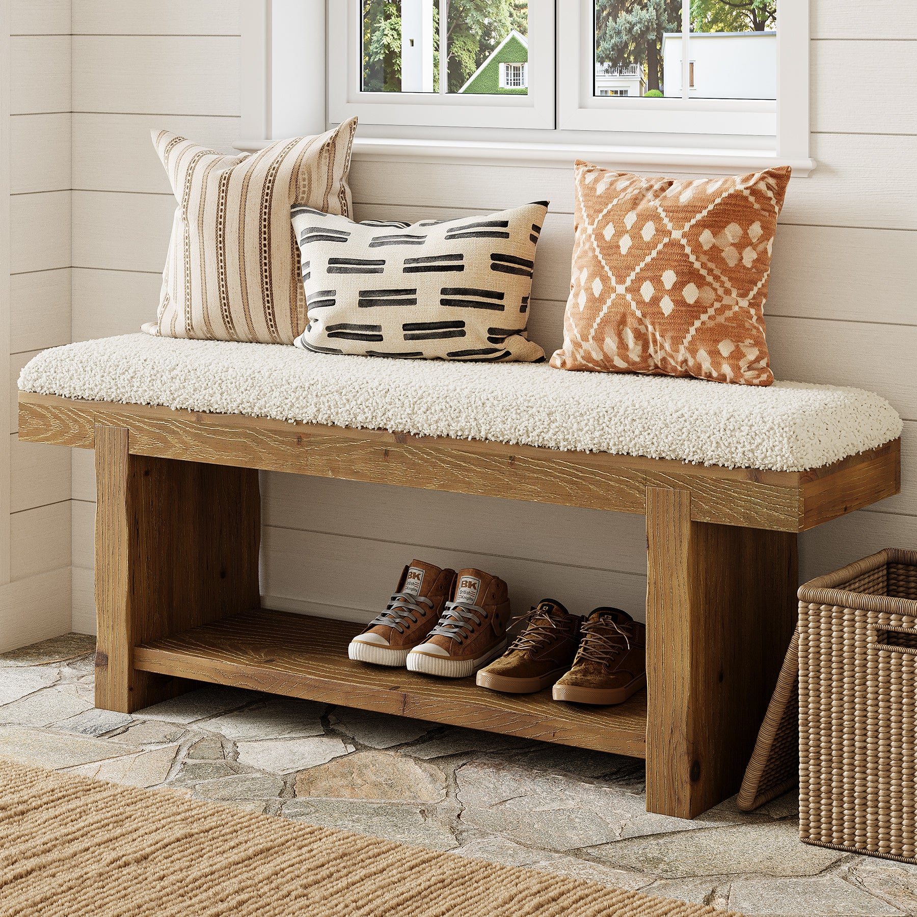 Tribesigns 47.2-Inch Farmhouse Entryway Bench with Storage Shelf, Solid Wood Upholstered Shoe Bench for Mudroom