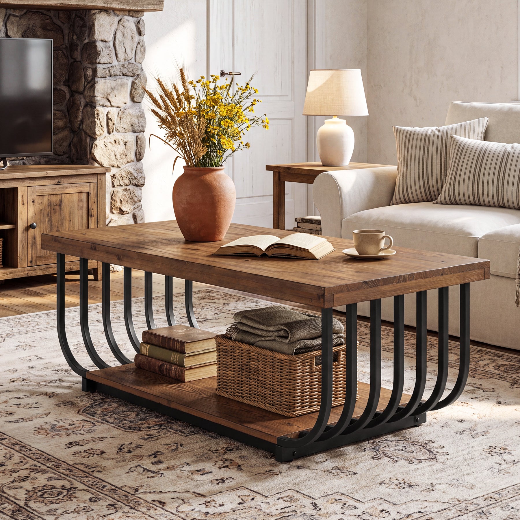 Tribesigns 47-Inch Solid Wood Coffee Table with 2-Tier Storage, Rectangular Table for Living Room