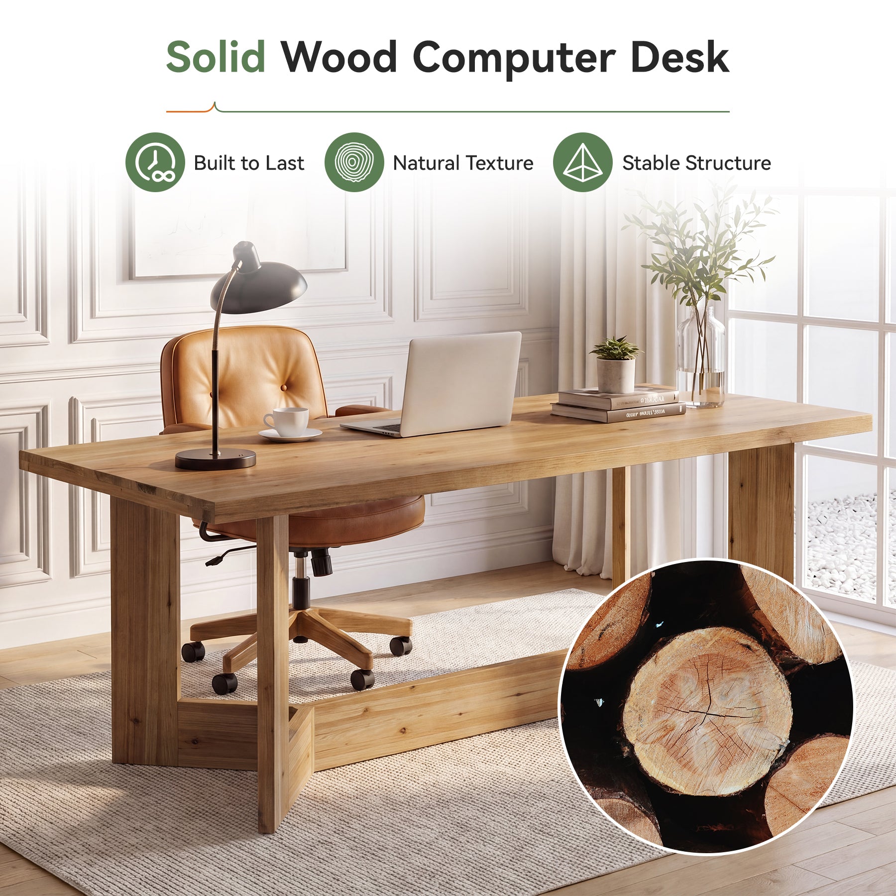 Tribesigns 63-Inch Solid Wood Computer Desk with Trestle Legs, Farmhouse Office Desk for Home Office