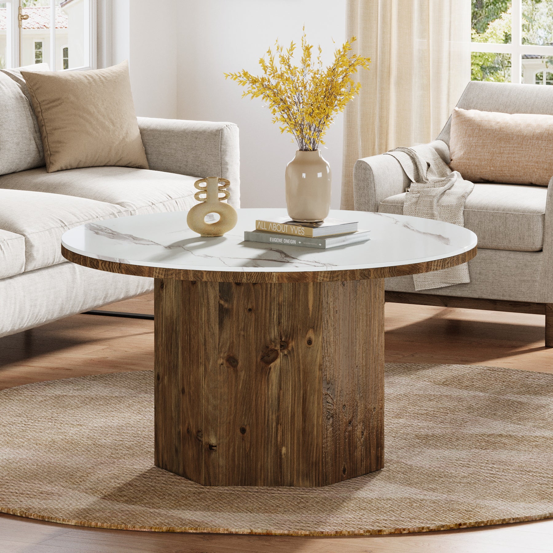 31.5" Sintered Stone Coffee Table, White Round Table with Solid Wood Base for Living Room