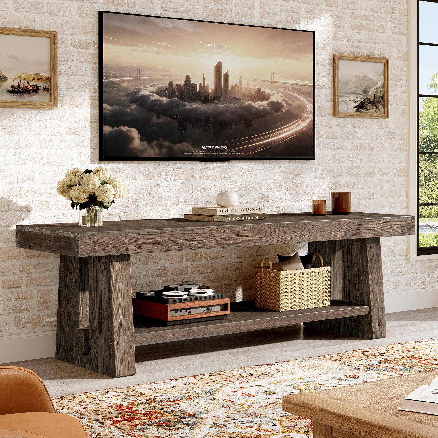Tribesigns 63-Inch Solid Wood Farmhouse Bench with 2-Tier Open Shoe Storage