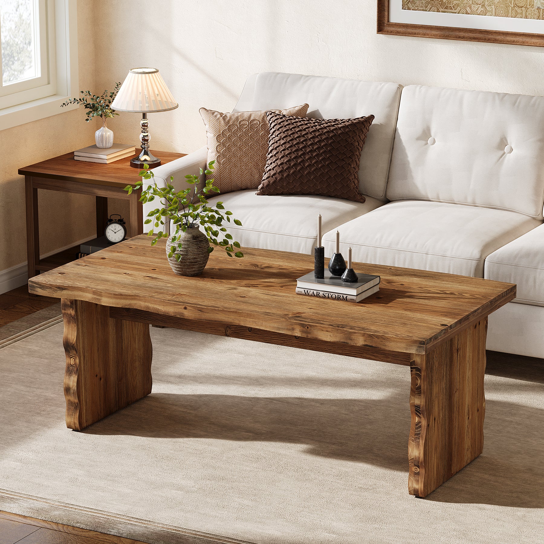 47 Inch Solid Wood Coffee Table, Farmhouse Rectangular Center Table with Natural Wave Edge