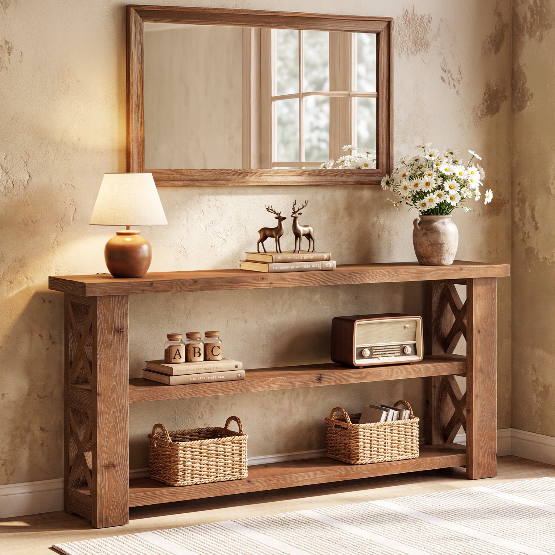 Tribesigns 63 Inch Solid Wood Console Table with X-Frame, 3-Tier Hallway Table for Living Room