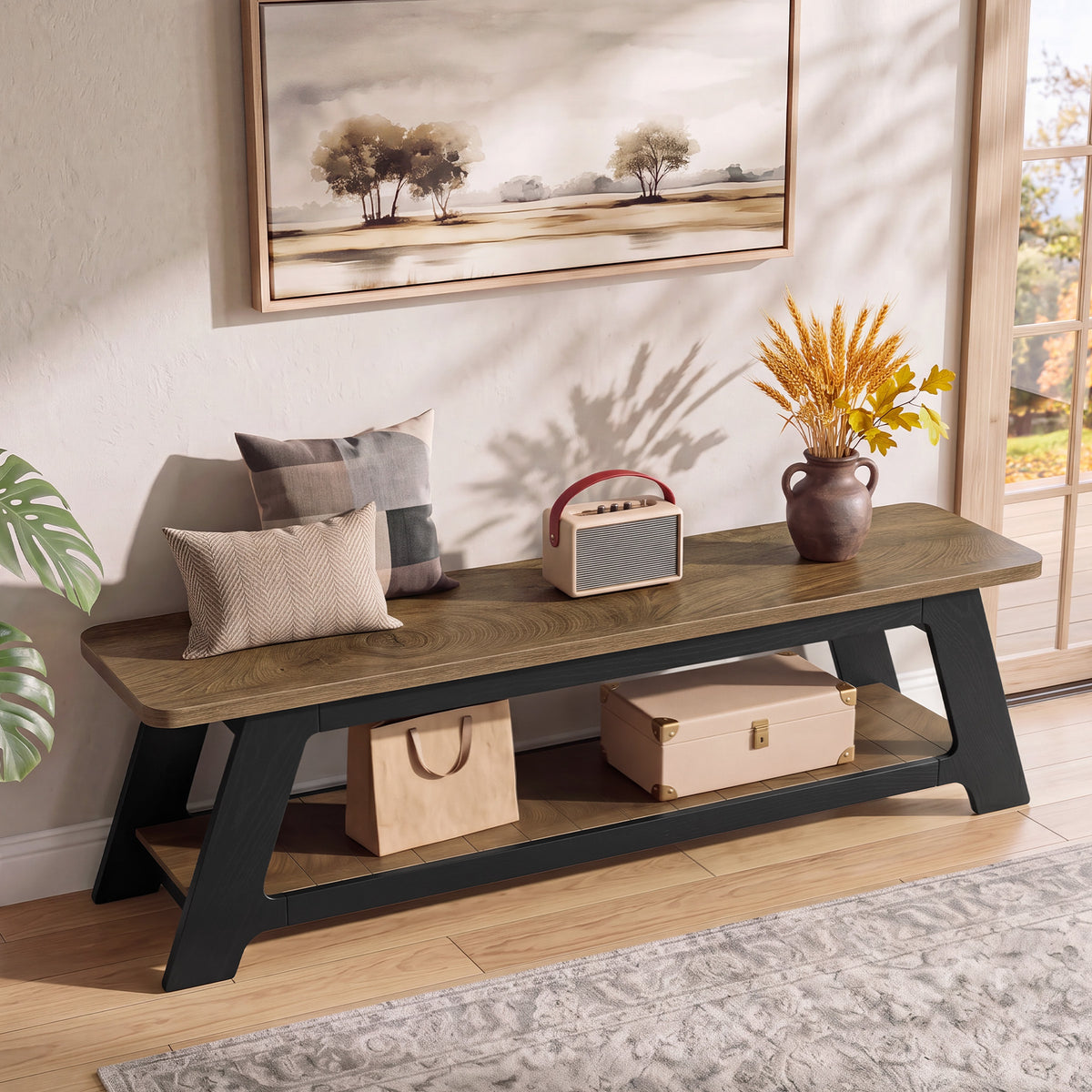 63 Inch Long Entryway Bench with Shoe Storage Shelf, Farmhouse Wooden Bench for Hallway