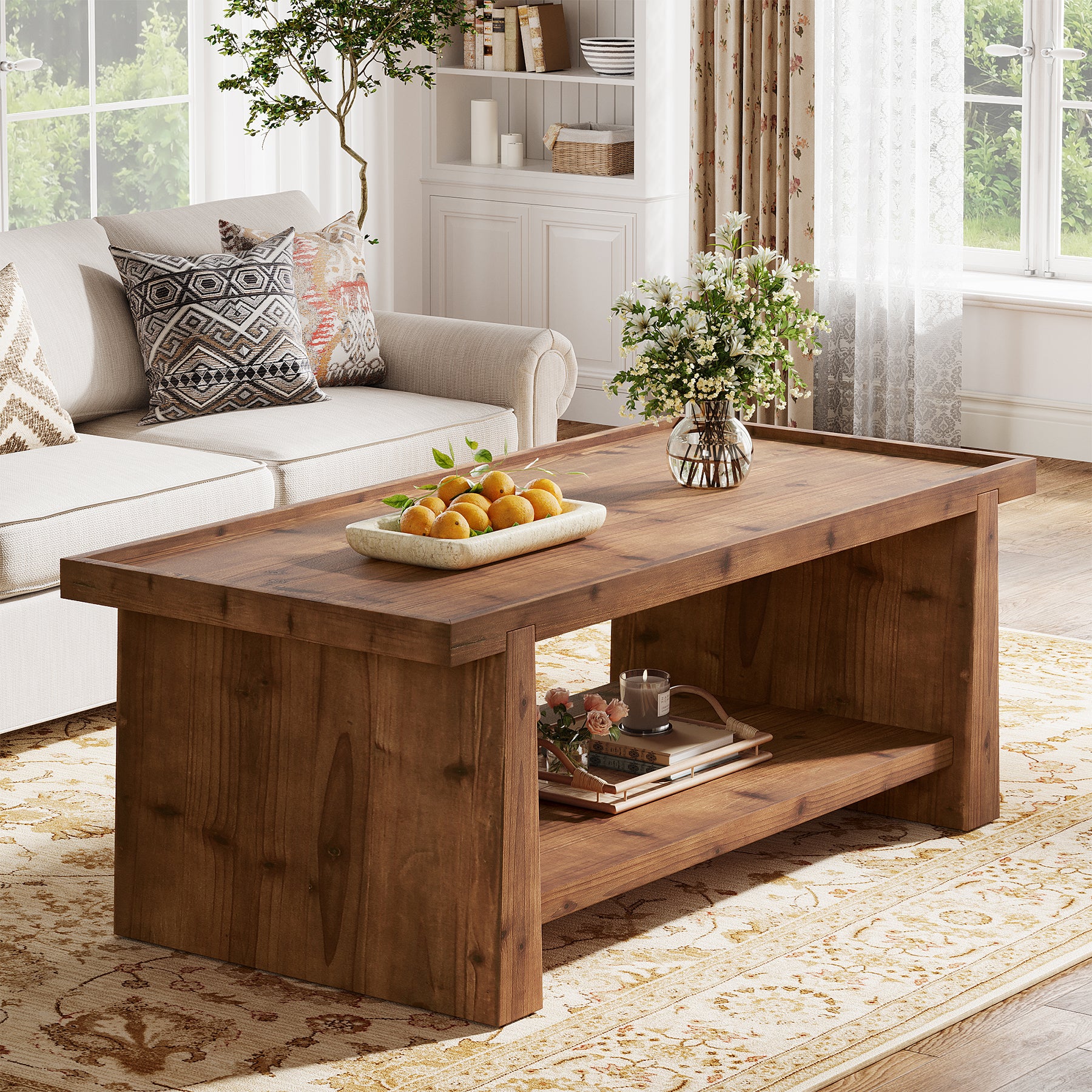 47.24"  Solid Wood Coffee Table with Raised Edge, Rustic Farmhouse 2 Tier Center Table
