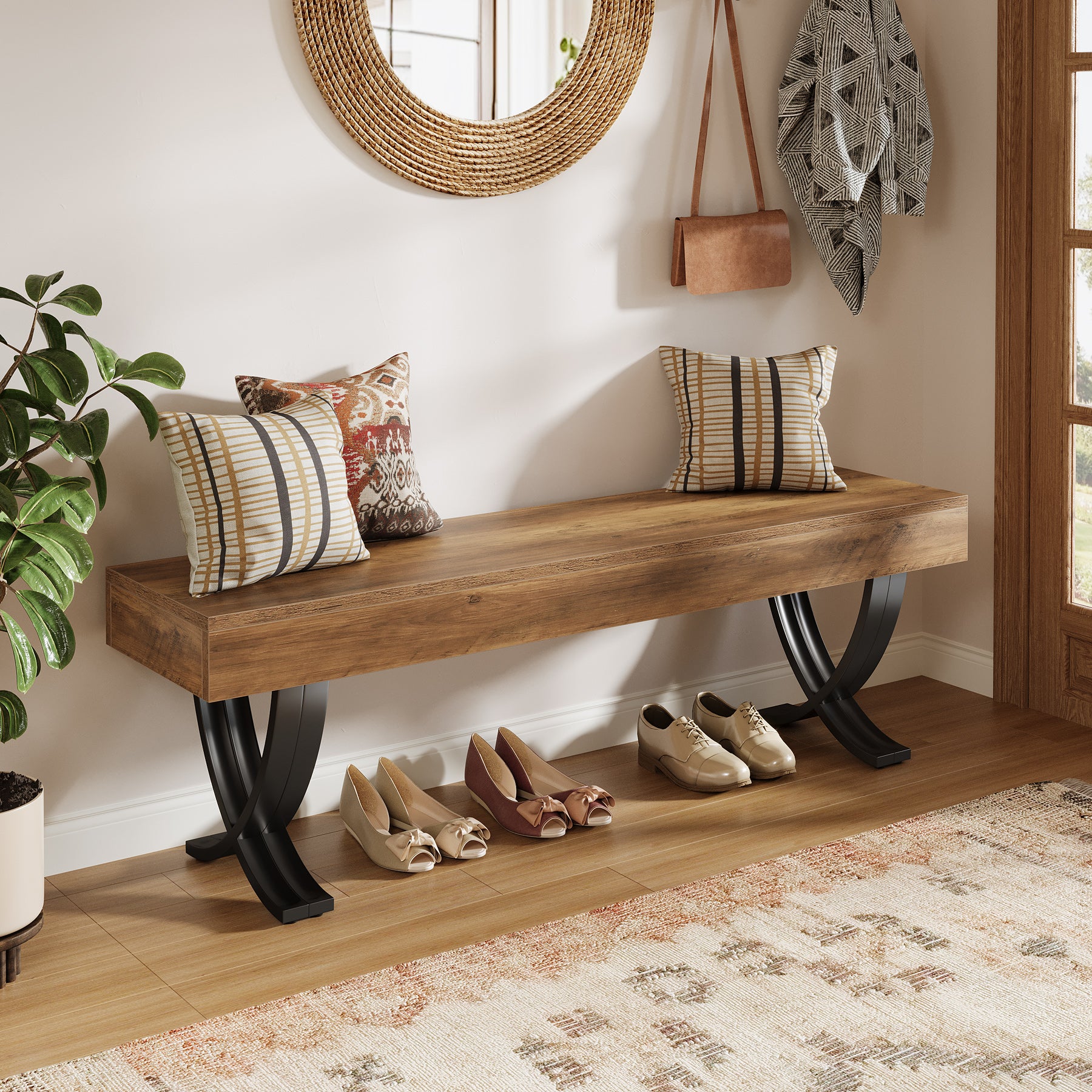 Tribesigns 55" Shoe Bench, Industrial Bench with Metal X-Legs for Hallway