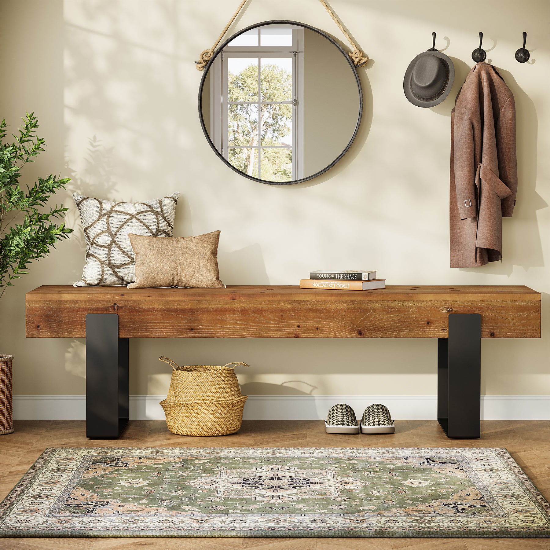 Tribesigns 63-Inch Solid Wood Entryway Bench, Farmhouse Shoe Bench with Metal Legs for Hallway