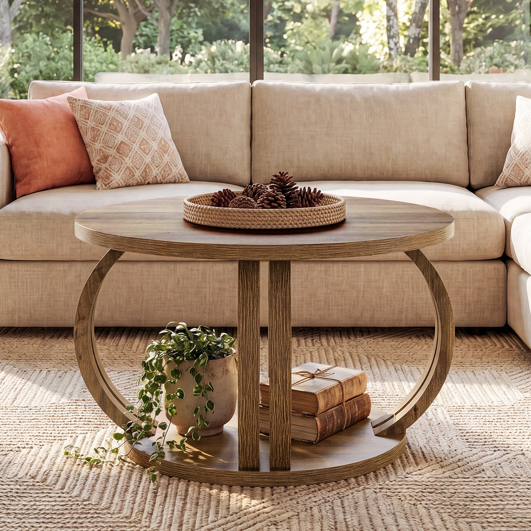 Tribesigns 31.5 Inch Round Coffee Table with Storage, Sculptural Curved Base for Living Room