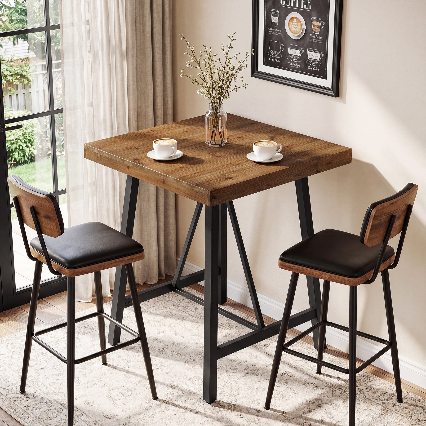 Tribesigns 31.5-Inch Square Bar Table with Solid Wood Top and Metal Footrest, Industrial Pub Table for Home Bar Kitchen and Cafe