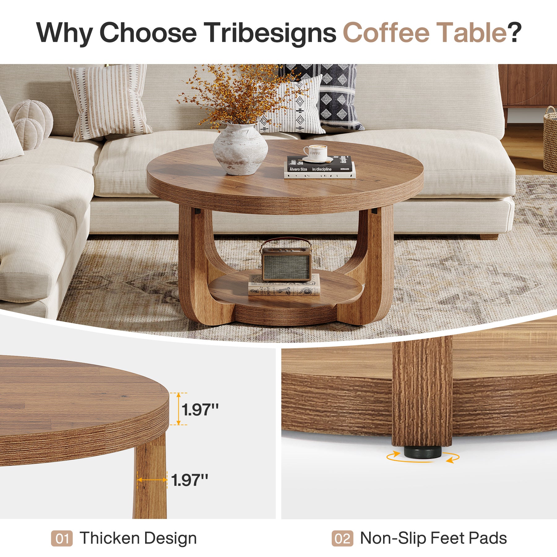Tribesigns 31.5-Inch Round Coffee Table with Storage Shelf, 2-Tier Farmhouse Table for Living Room