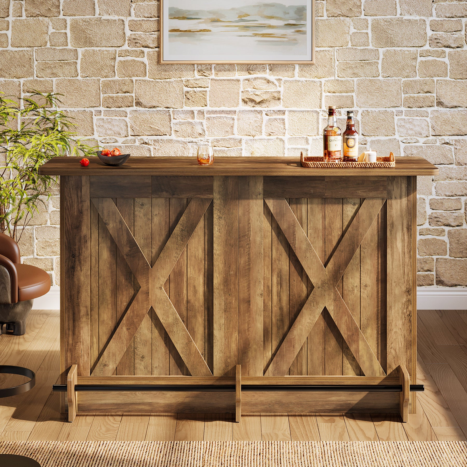 63-Inch Bar Table with 2-Tier Storage Shelves and Metal Footrest for Bistro and Basement Bar